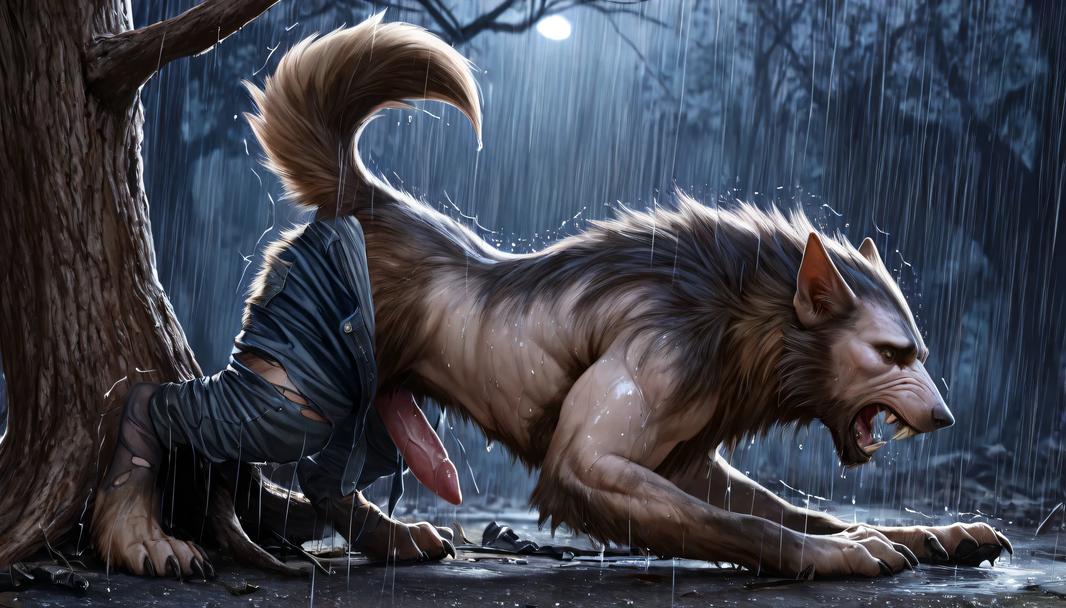 Lean on tree, Backside, shot from back:1.2, human skin:1.4, wet, veins, virus:1.3, human:0.8, Werewolf transformation, mid morfing, [werewolf: human:0.7], [arms: paws:0.6], [grey human skin: fur: 0.4], dark grey skin, detailed fur, gradual fur, spread, shaking:1.1, crying, sweating, in pain, scared:0.8, shaking:1.3, confused:0.8, torn clothes:1.2, thick fingers:1.1, torn socks:1.1, nsfw:1.3, dick, ((darkness:1.3, dramatic moonlight, deep night, night)), abandoned yard, forest:0.8, rain:1.1 fire, cracks, scraps around, clothes scraps,((Ultra-detailed, Realistic, realistic, ultra-realistic:1.37), 4k, 8k, RAW, HDR, UHD, Canon EOS P3, Canon EOS R3, 85mm f/1.4, 15mm, 35mm, 80mm, f2.8, high resolution, hd, full colour, 4k, high definition, 3 point lighting, sharp focus, smooth, Professional, cinematic, extreme detail, (high detail:1.4) description, masterpiece, deep shades:1.2, best quality,))