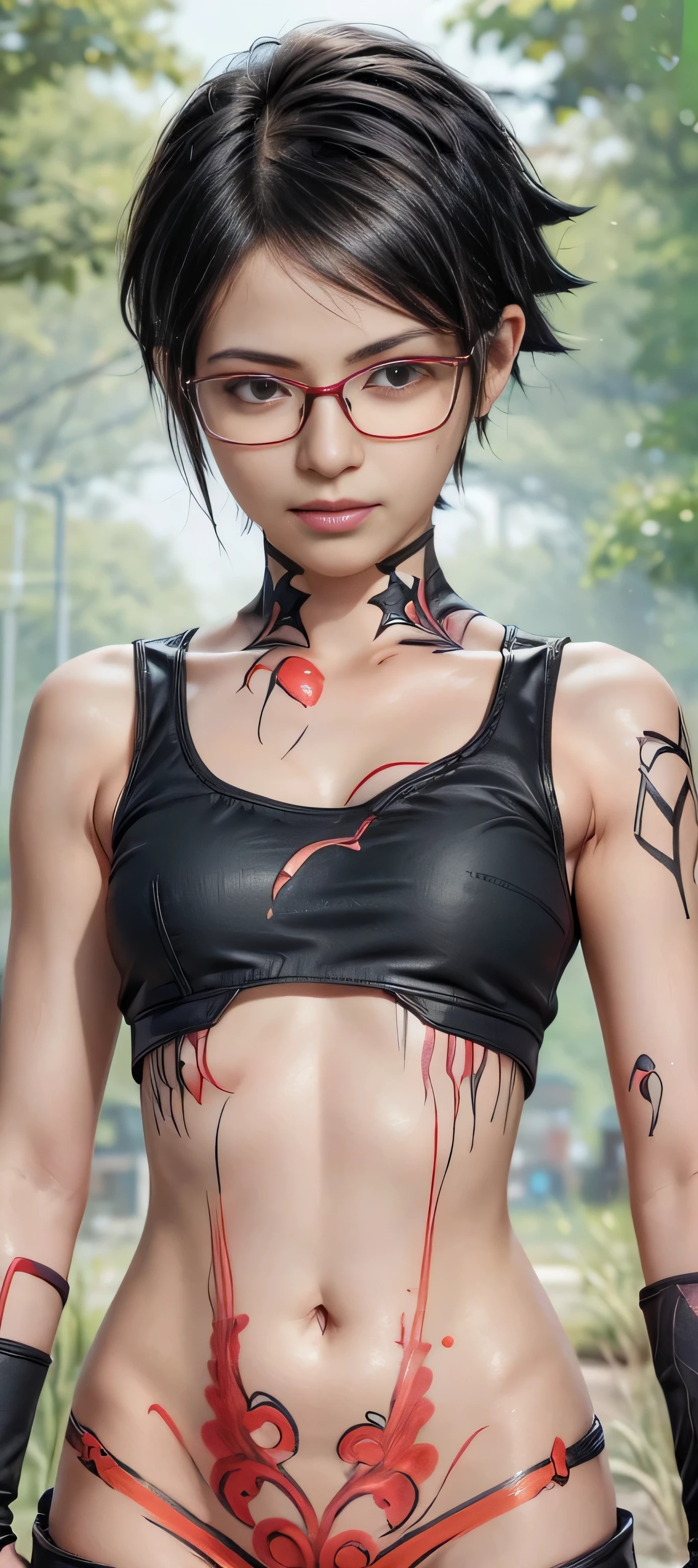 masterpiece, best quality, (realistic,photo-realistic:1.4), (RAW photo:1.2), extremely detailed CG unity 8k wallpaper, delicate and beautiful, amazing,finely detail, official art, absurdres, incredibly absurdres, huge filesize, ultra-detailed,extremely detailed eyes and face,light on face,sarada,(smirk:1.4),(black hair:1.4),(short hair:1.5),nature,sarada uchiha,(wearing black framed glasses:1.5),city background,(wearing final fantasy outfit:1.5),(crop top:1.5),(red body painting:1.5), paint on face