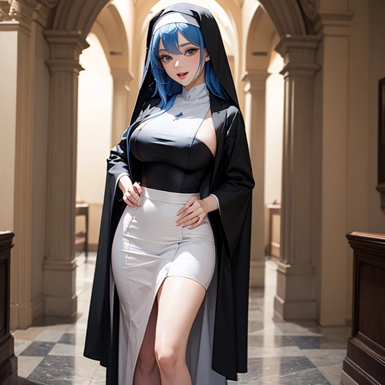 1girl, (nun:1.1), blue hair, messy hair, (braid), young female, ahegao, rolling eyes, black thighhighs, torn clothes, (veil:1.2), bare breasts, headback, view from the side