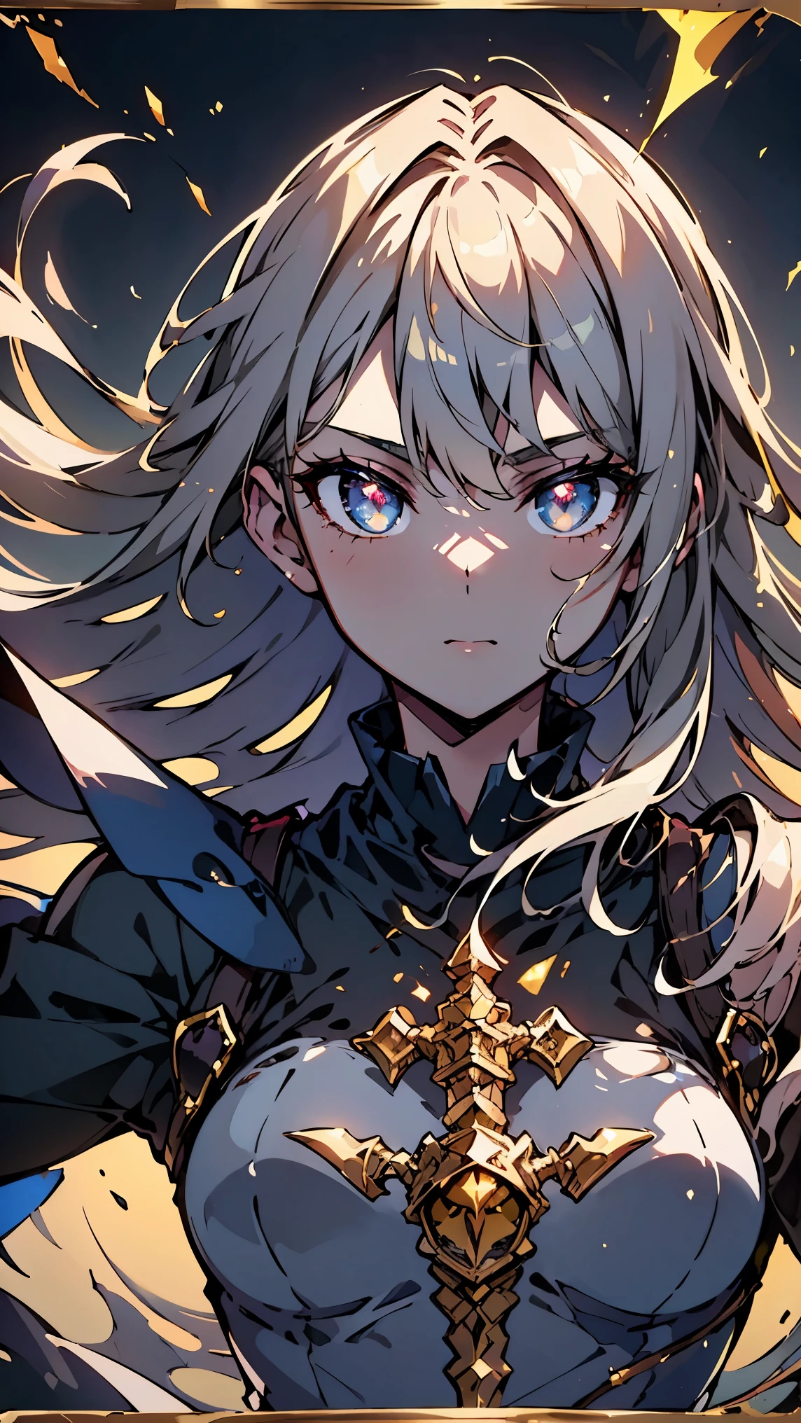 black hair, hair behind ear, long hair, floating hair, bloodshot eyes, Baroque, cinematic lighting, bust chart, retina, (high quality), ccurate, ((best quality)), perfect detail, 16k, medieval knight, silver gloves, silver armor, great sword, dust flying, sword up, looking at viewer, close-up