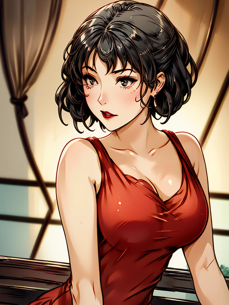 Hot sexy young babe, black eyes, black hair, short hair,big silver chandelier earrings ,long blunt hair , lipstick , smooth skin,red dress,sharp jawline, detailed face, bangles, necklace