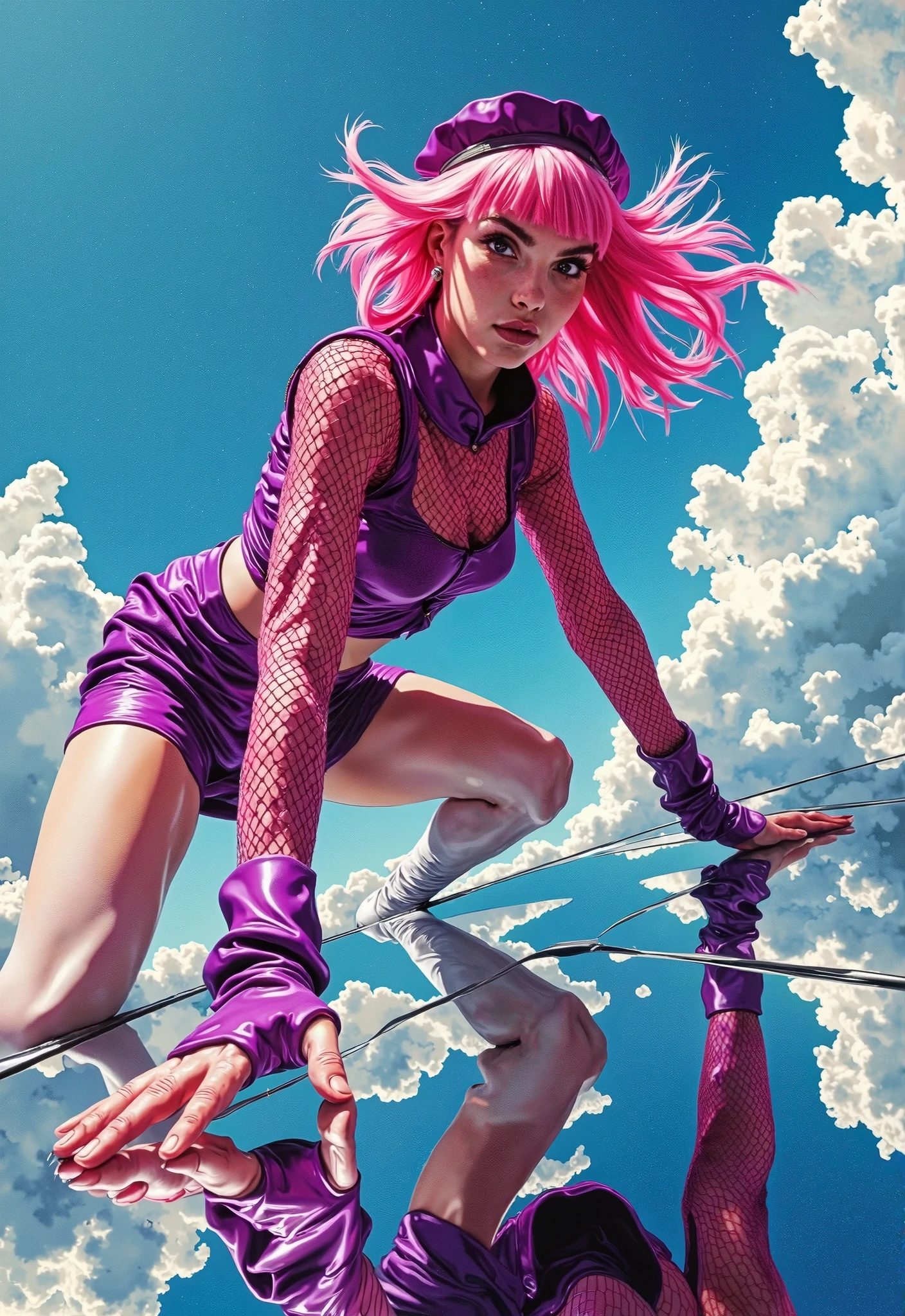 A bright action shot, an androgynous character with bright pink hair fluttering in the wind, crawls along a diagonally unfolded mirror surface, body facing the camera, hands in close-up, legs stretched back, stylized as fantasy art, in the Jojo pose, dynamic foreshortening, extravagant clothes in the spirit of high fashion, purple armbands, top, sleeves in a very large mesh, purple miniskirt, white stockings, purple pillbox hat, background of blue sky and clouds, stylish background, cool pop- colors,complex details, bright sunlight lateral and diagonal, shadows, diagonal frame, Dutch angle angle, hypertrophied linear perspective,color perspective, tonal perspective,jojo style modern illustration, art digital painting, stylized digital art, high detail