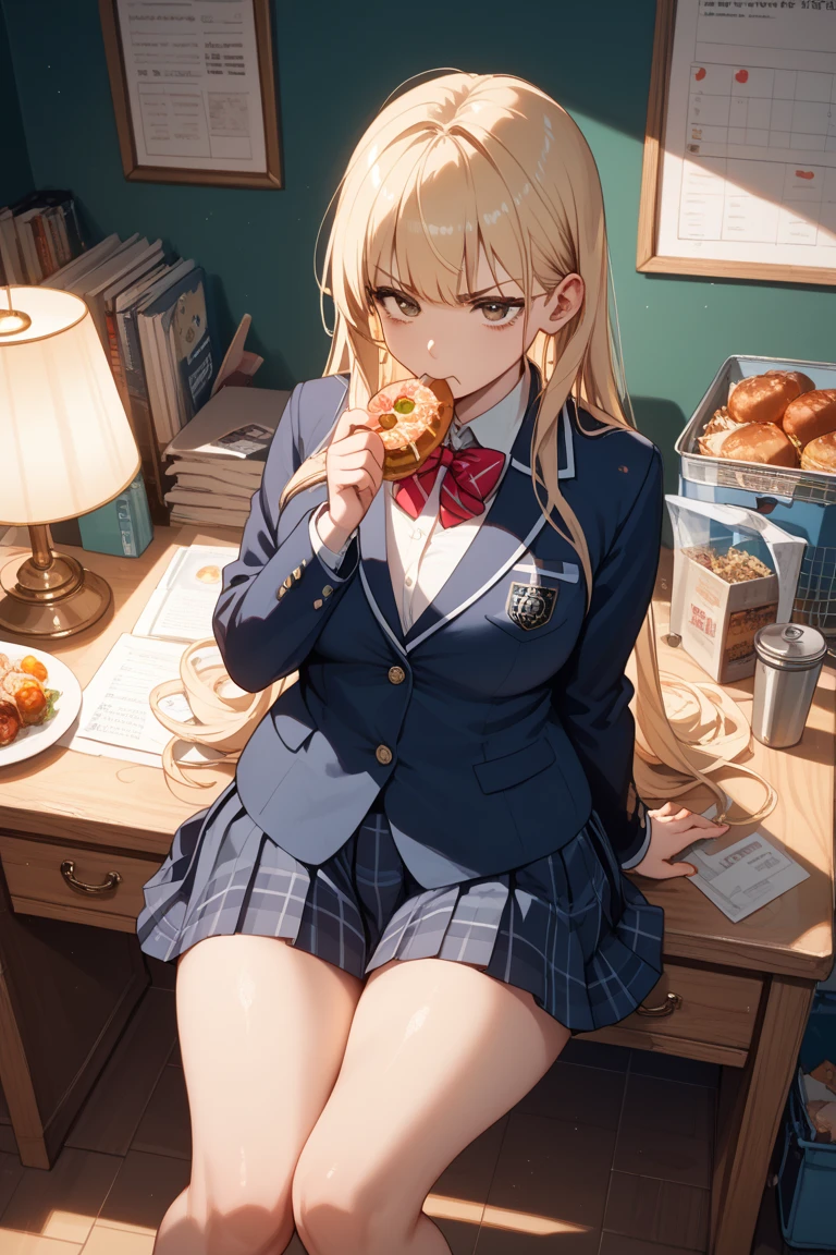 (fat:1.3), 1girl, anime screencap, asymmetrical bangs, bangs, blue neckwear, breasts, eating, food, hair ornament, highres, holding, holding_food, large breasts, looking down, mieruko-chan, necktie, orange_hair, purple eyes, school uniform, screencap, shirt, stitched, white_shirt, yurikawa hana