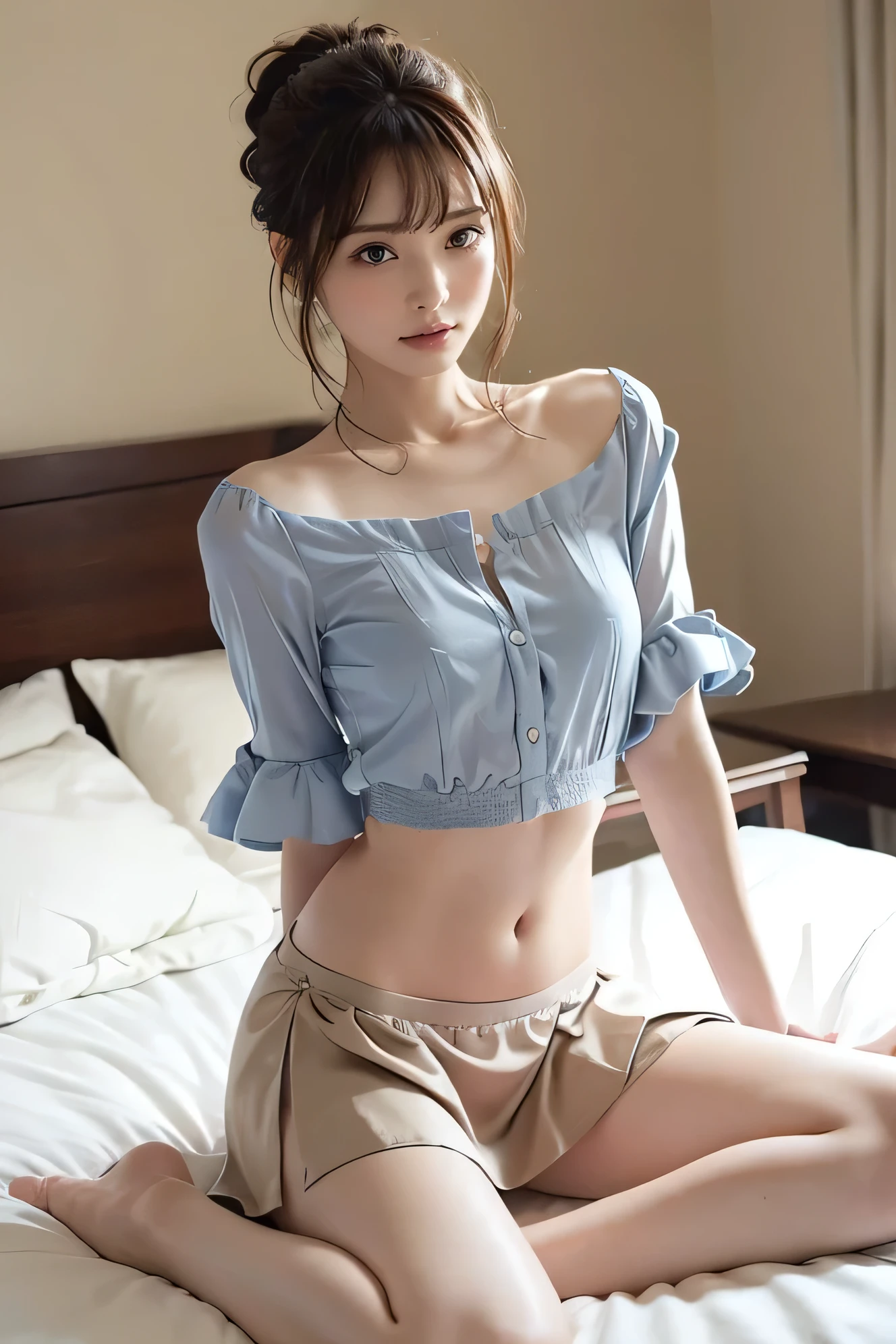  beautiful 25-year-old woman  , (     her face size     :0.2)、   Picture of a woman with a very small head   ,     、 Best Quality 、HD quality、  Best Quality  Masterpiece ,   Ultra-accurate ,(   beautiful girl :1.0)  ,  x}  I'm wearing an oversized shirt with an elegant ruffled hem and a flared skirt 。、(     her torso length     :1.5)、   backlit or semi-backlit photo     、  kneeling on a bedroom bed、 full body photo、      she is thin  。、  Draw arms and hands in the correct position  .,High waist、She'll brush up her hair、High waistスタイルのスカート、The shirt has a long hem and is oversized、(lower back tightness:1.2), Chignon style hair style、