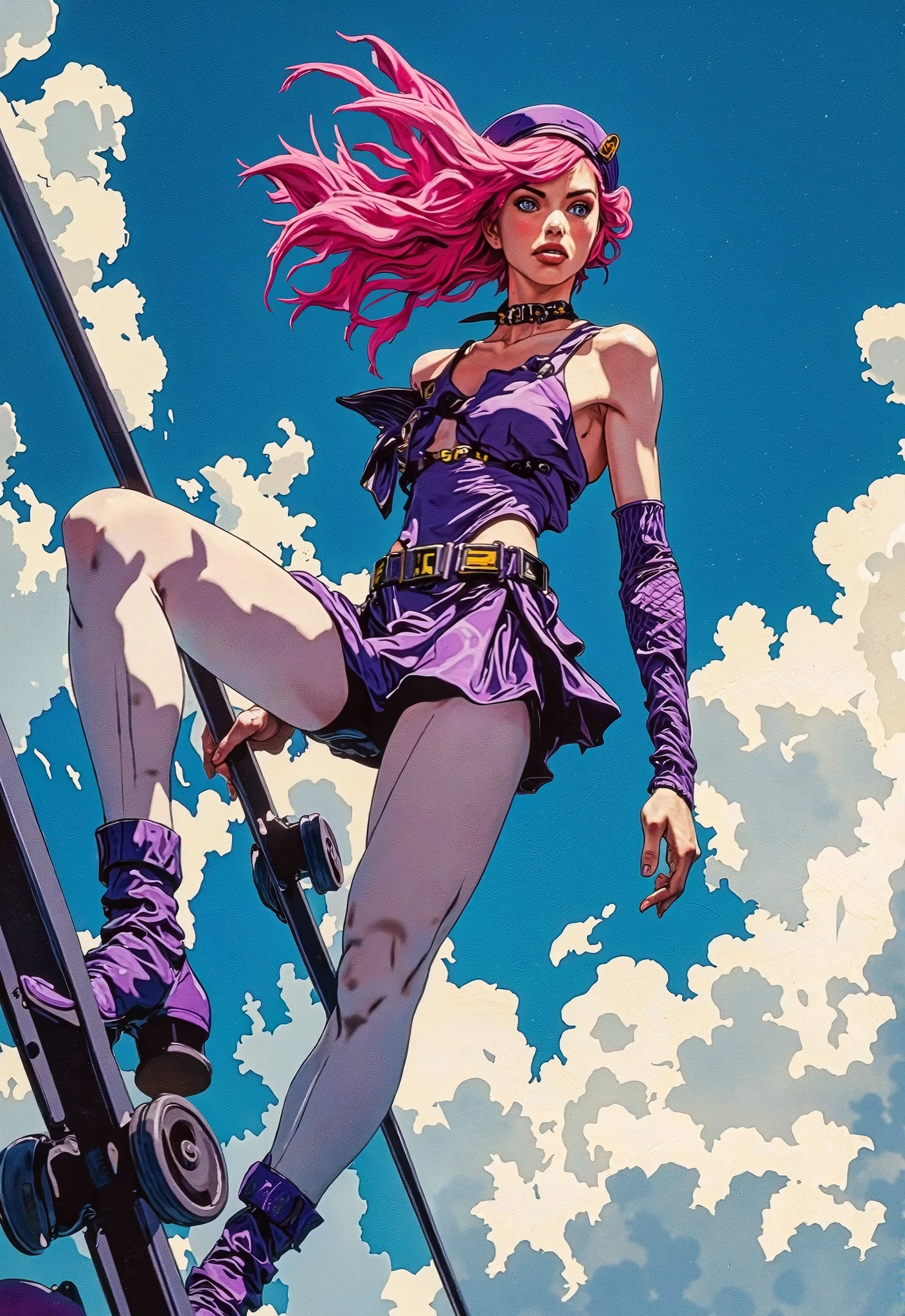 A bright action shot, an androgynous character with bright pink hair fluttering in the wind, climbing up a diagonally unfolded mirror surface, body facing the camera, hands in close-up, stylized as fantasy art, in the Jojo pose, dynamic foreshortening, extravagant clothes in the spirit of high fashion, purple armbands, sleeves very large mesh, purple miniskirt, white stockings, purple pillbox hat, background of blue sky and clouds, stylish background, cool pop- colors,complex details, bright sunlight lateral and diagonal, shadows, diagonal frame, direct angle, hypertrophied linear perspective,color perspective, tonal perspective,jojo style modern illustration, art digital painting, stylized digital art, high detail