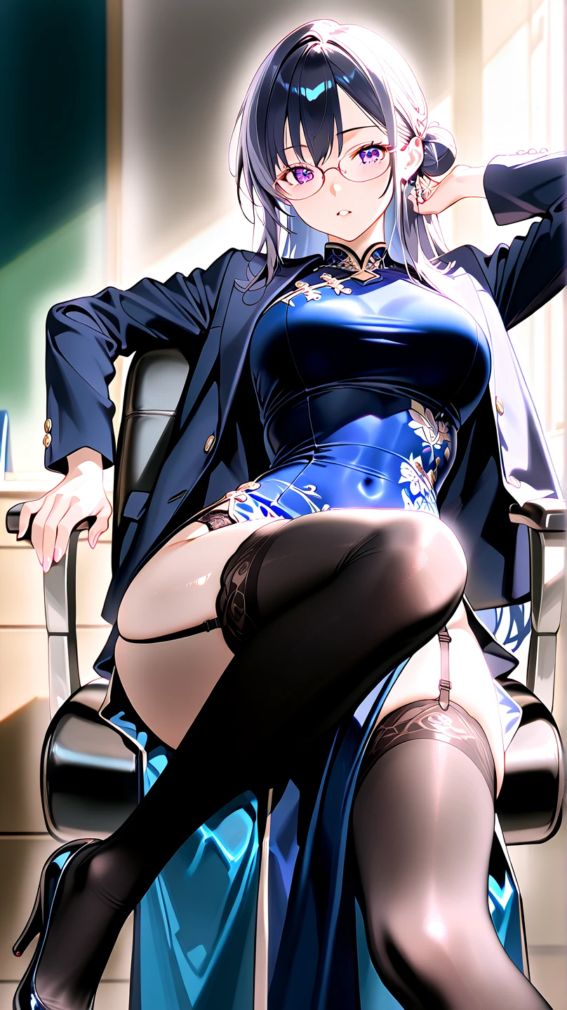 very highly detailed, ultra high resolution, adult, mature, blush, 2048×2048 resolution, eyeliner, mascara, thick thighs, rio, 1girl, asuna, solo, happy, smile, looking at viewer, (medium hair: 1.5), (black hair: 1.5), (blue eyes: 1.5), (office blazer: 1.5), (lace bra: 1.5), (office pants: 1.5), (view from below: 1.5), hand on chest, (big : 1.5), milf, (sitting: 1.5), (office: 1.5), night