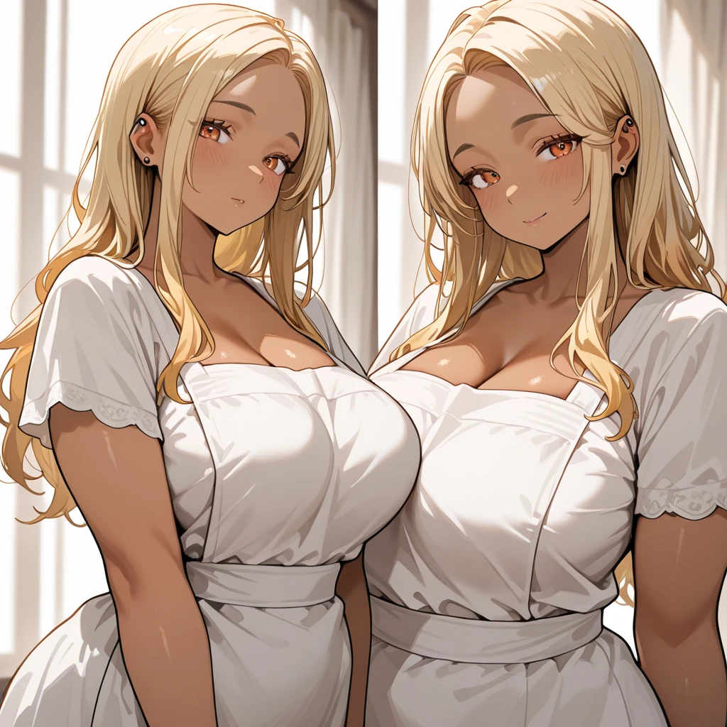 2heads, a short chubby woman with 2 heads. She has gigantic breasts. She is in a kitchen. She is wearing an apron. She has enormous breasts. She is smiling wide. She has long hair. She has a motherly appearance. Her breasts are massive.