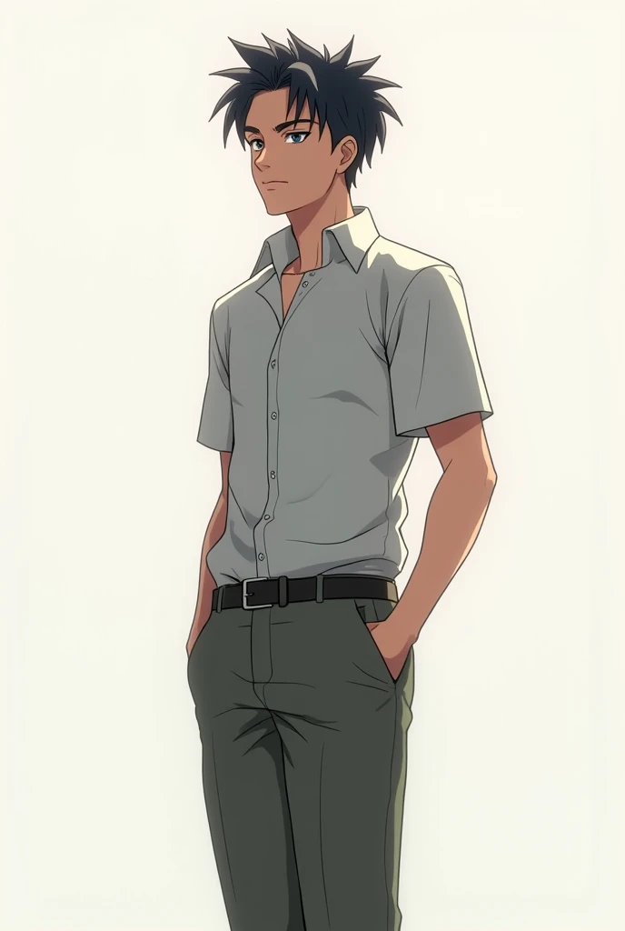 Boy, one boy,charming, Black hair with brown highlight, blue eyes, Wears Blue polo shirt with white shirt under,wears Glasses,black pierce on his left ear, standing, right hand inside the pocket, smile slightly, yellow background