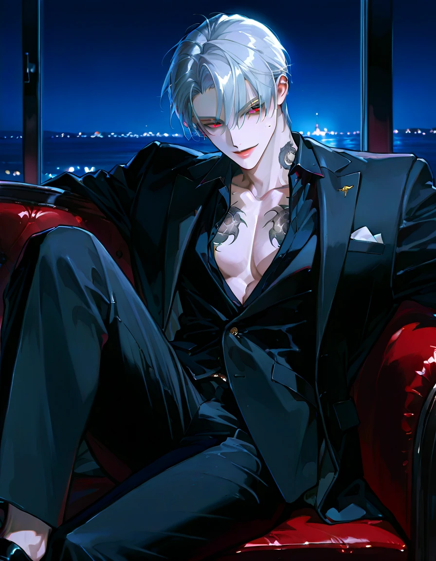 (tmasterpiece,high resolution,ultra - detailed:1.0),(1boy,young male:1.3),Perfect male body(Sexy adult male:1.3), Look at the camera,Delicate eyes and delicate face,Extremely detailed CG,Unity 8k wallpaper,Complicated details,solo person,,Detailed face, (long gray hair, fashionable and sexy men's wear, metal necklace, Sitting on the sofa in a modern bar, modern clothes, evil smile,grin),show chest,indoor, (Nightclub theme:1.3), color difference, Depth of field,dramatic shadow,Ray tracing,Best quality, sportrait