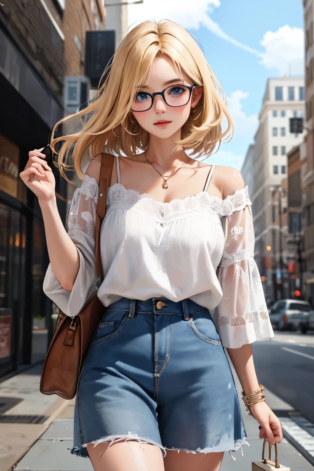 (masterpiece,best quality,ultra_detailed,highres,absurdres), 1girl, blonde, beauty, blue eyes, glasses, casual dress, city background