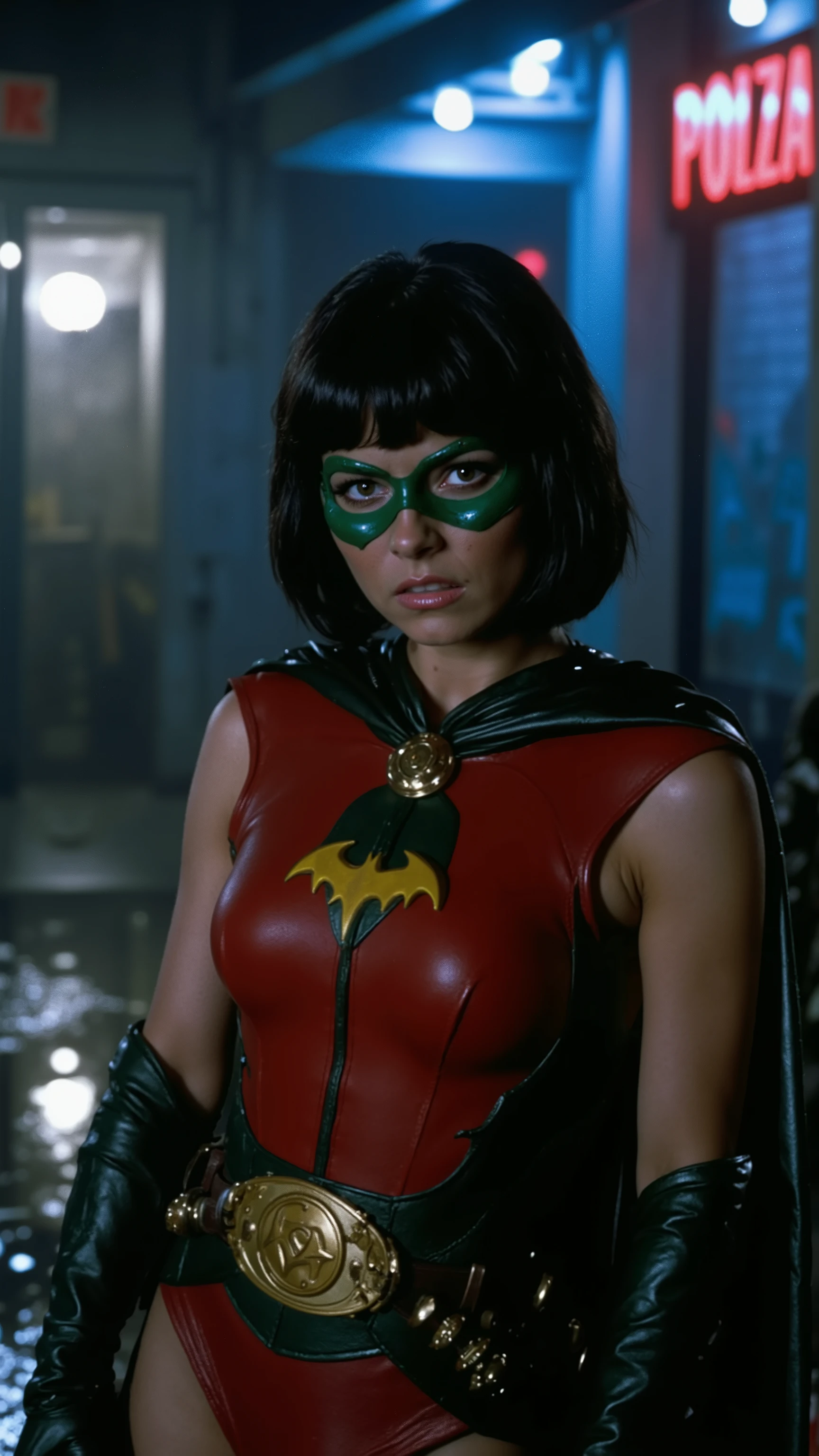 A cinematic DVD screengrab from a lost 2000s superhero movie, featuring Inna as Robin, wearing a modern yet classic red, green, and yellow costume with a sleek black cape and her signature green mask, short bob haircut, intense gaze, standing in a defensive combat stance in a dimly lit Gotham alleyway, neon lights reflecting on wet pavement, light rain falling, dramatic backlighting, subtle VHS artifacts