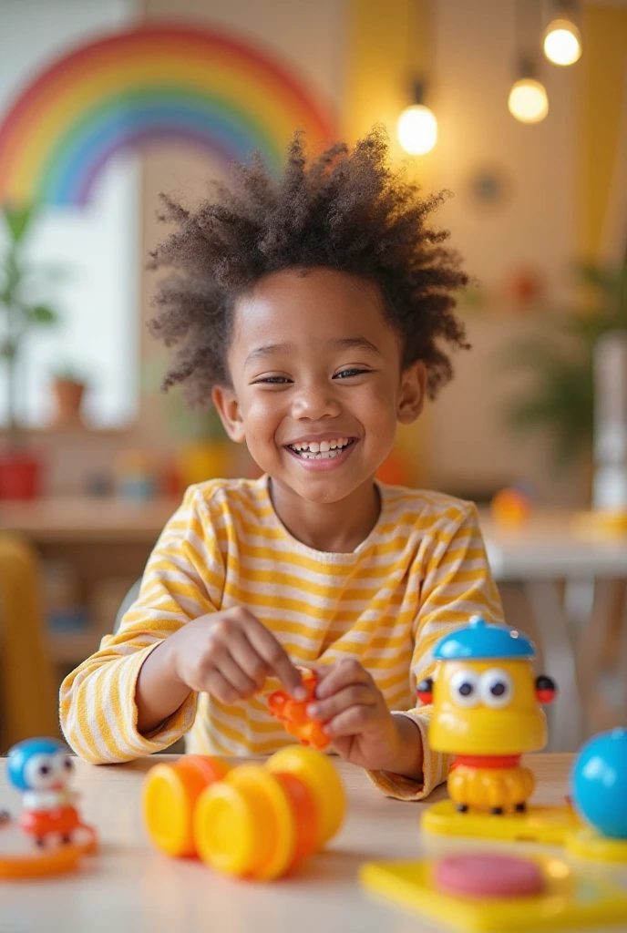 Create UHD photorealistic photo of a cheeky 8-month-old African boy playing with blocks, grinning widely in a bright playroom. Use a 24mm lens, capturing vibrant colors and joyful energy. No animation, no 3D image, no extra fingers.