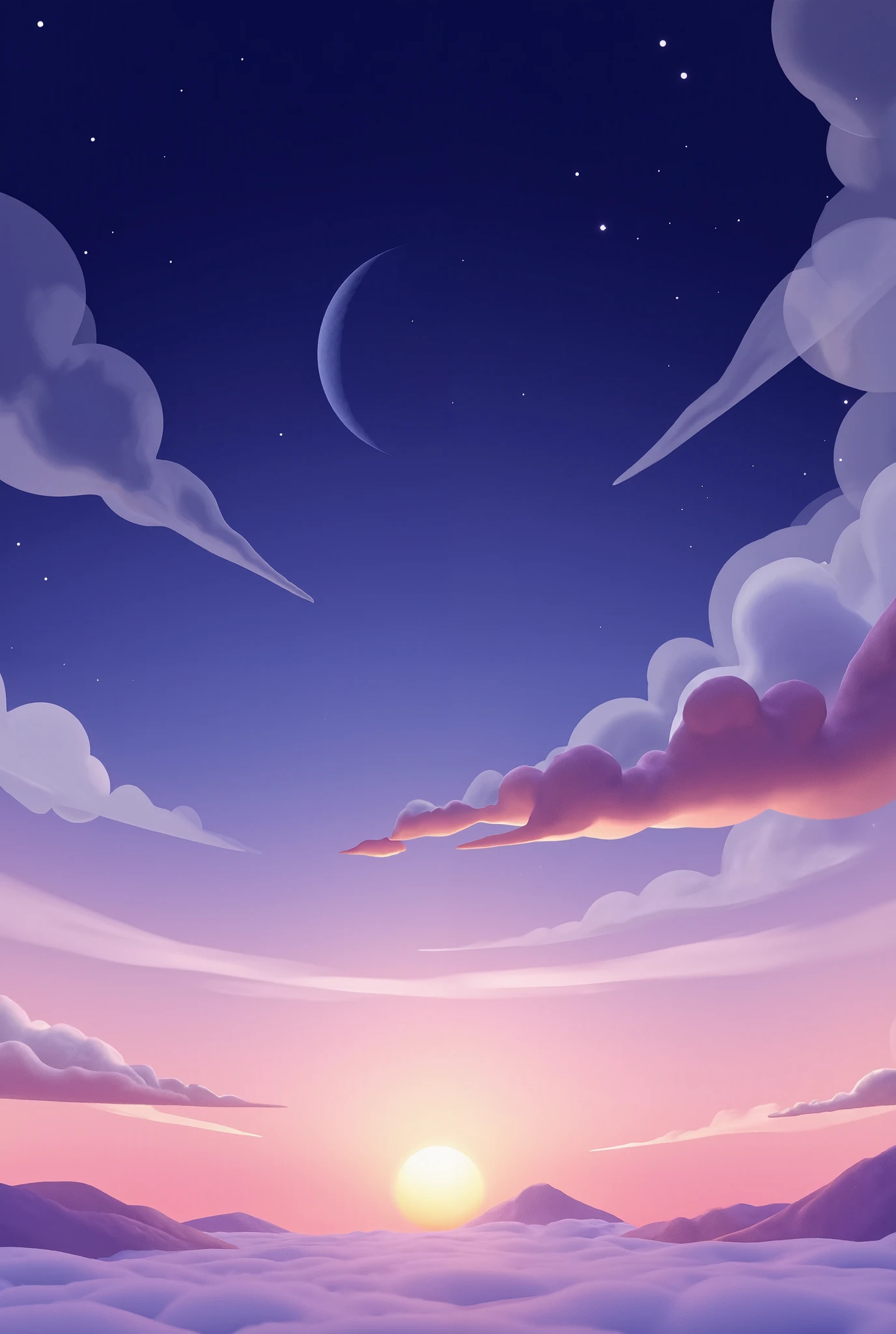 The background of the picture is a night sky,Gradual transition from dark blue-purple to yellow,Clouds,3D Rendering