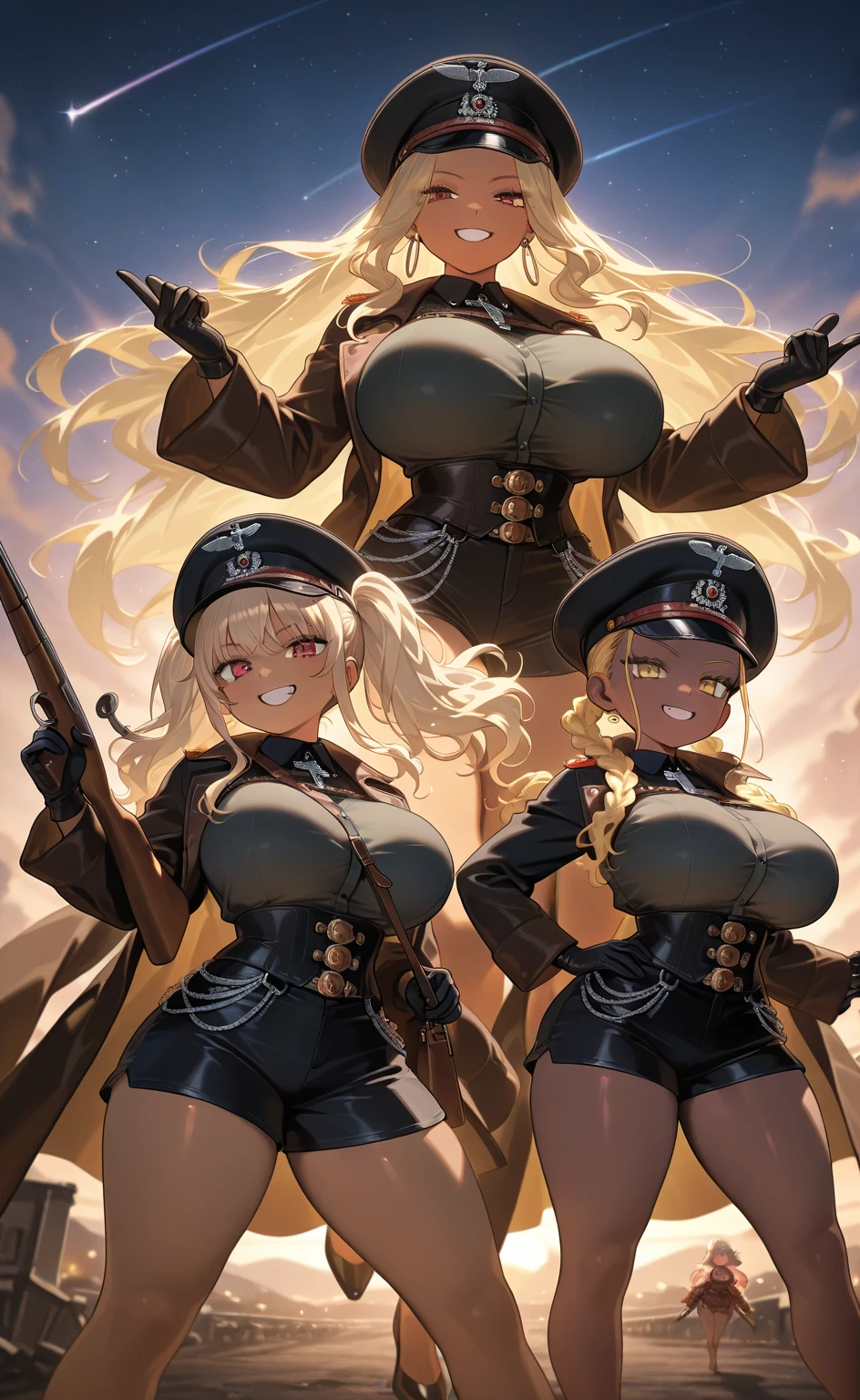 1girl, blonde_hair, black uniform, cape, eyepatch, gloves, hat, large_breasts, pwembg, salute, solo, black armband,, beautiful, (masterpiece:1.2), (best quality:1.2), perfect eyes, perfect face,