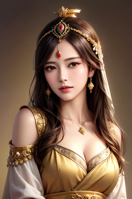 iu, yooa, tzuyu, cleavage, hijabi, Absurd, ultra-detailed, high quality, masterpiece, detailed face, beautiful eyes(detailed eyes), Greek mythology Goddess, Hestia, goddess of the hearth and home, gentle and graceful, face exudes warmth and kindness, eyes described as soft and comforting, gentle and steady gaze, golden hair color , overall appearance is simple and modest, The fabric of her garments is usually depicted as soft and earth-toned, beauty lies not in extravagant adornments, Her smile is serene and welcoming