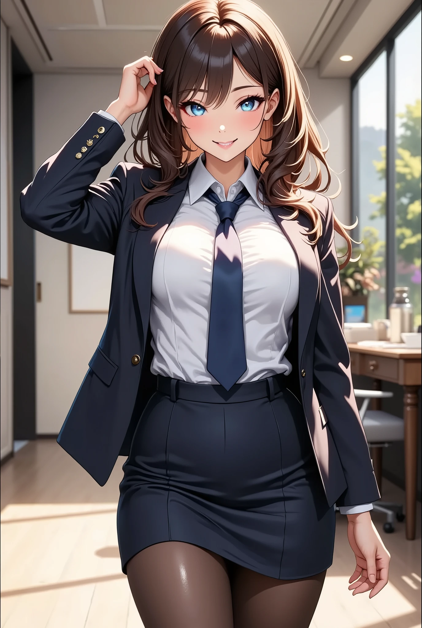 1 Beautiful Girl , office worker ,business suit, blouse, black tights, laugh, raises eyebrows, in the office, standing, watch viewers, touch the hair with one hand , Poses that make your body wiggle, (Highest quality:1.2,very detailed,CG illustration,masterpiece:1.2,best aesthetics),
