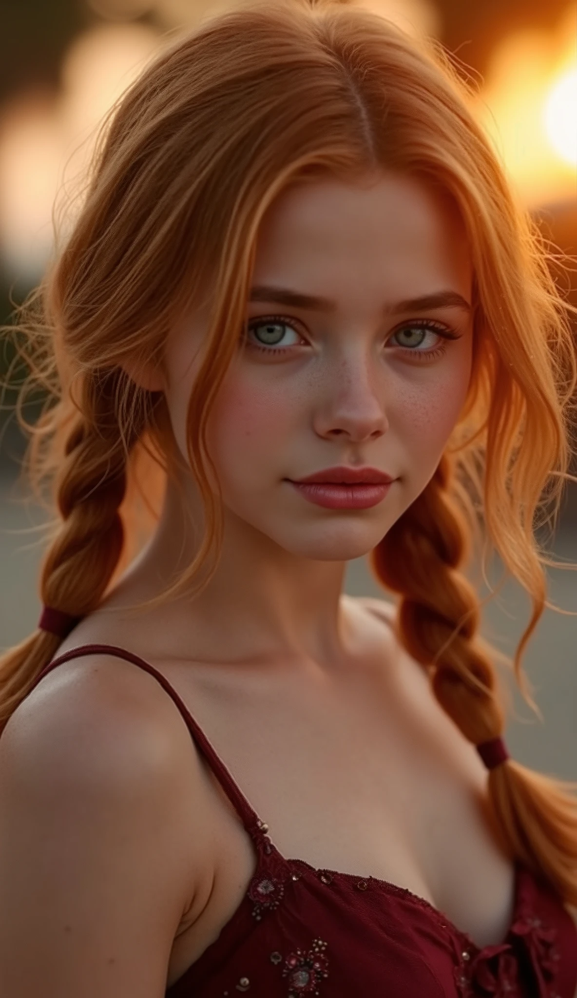 🌟 quality & silent: whole head down to below the chest, three sided view, masterpiece, 8k, ultra high resolution, hyperrealistic, very detailed, natural lighting, SLR lighting, SLR camera , Fujifilm XT3, film grain, Sharp concentration, perfect lighting. 🌌 Scene & background: different backgrounds: A romantic sunset on the beach, with warm, golden hues . A dark, mysterious forest with moonlight, that falls through the trees. A luxurious bedroom with candlelight and silky curtains. Ein urbaner background mit Neonlichtern und regennassen Straßen. 😈 model & Styling: wild young girl, Fiery red hair, different hairstyles such as quin tails, which in various Poses fall loose or styled are, and bright blue eyes , glowing blue eyes, She is wearing a lightweight, silk corset with deep neckline. 🔥 Pose & Mood: Different poses ( direct , front, looking to the side ) and angle of view (from the side, from above, from below), Different sensual facial expressions: she looks directly at the camera , with a seductive smile and half-closed eyes. She opens her lips slightly, with a playful and tempting look. She tilts her head slightly to the side, with a dreamy and sensual expression. She looks over her shoulder, with a mysterious and intense look. Die Mood ist sinnlich, seductive and full of emotions. 💋