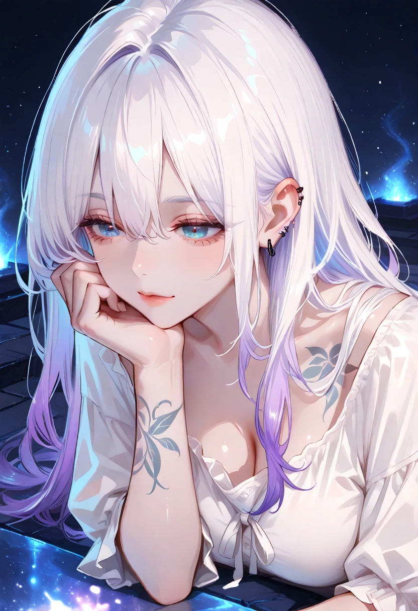 portrait of a 21-year-old woman , Loose Tee, lean forward, (big breasts:0.9), tattoo, BLOUSE GROWING DOWN , long hair, Woman with violet hair and blue eyes, Close, gentle face, disheveled hair, shiny hair, white hair, piercing single look , isometric style plateau, Ideal Body, Perfect Eyes, Princess Look , perfect hand, clear highlights , Perfect Eyes,