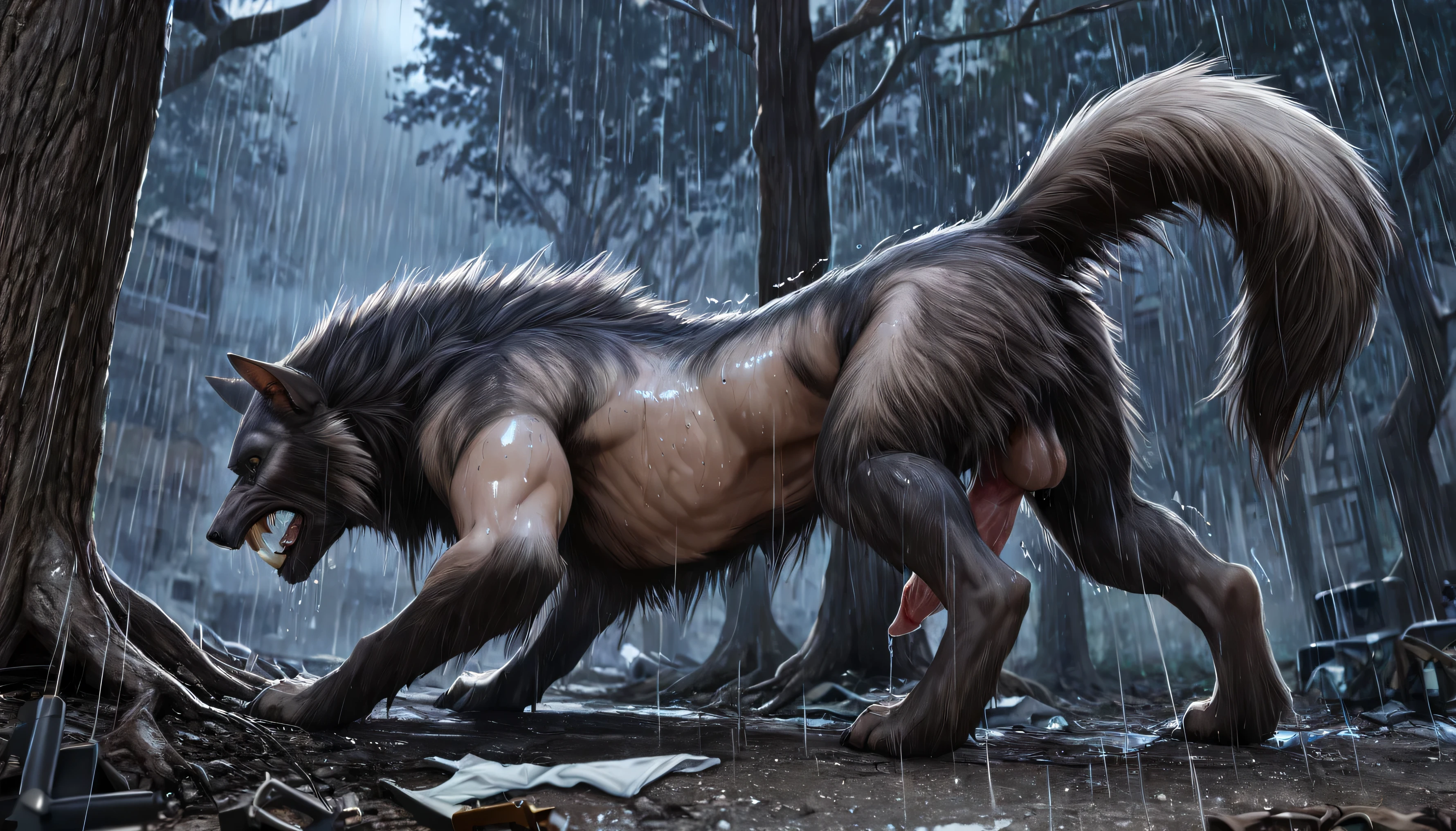 Lean on tree, low angle, view from ground, Backside, shot from back:1.2, human skin:1.4, wet, veins, virus:1.3, human:0.8, Werewolf transformation, mid morfing, [werewolf: human:0.7], [arms: paws:0.6], [grey human skin: fur: 0.4], dark grey skin, detailed fur, gradual fur, spread, shaking:1.1, crying, sweating, in pain, scared:0.8, shaking:1.3, confused:0.8, torn clothes:1.2, thick fingers:1.1, torn socks:1.1, nsfw:1.3, dick, ((darkness:1.3, dramatic moonlight, deep night, night)), abandoned yard, forest:0.8, rain:1.1 fire, cracks, scraps around, clothes scraps,((Ultra-detailed, Realistic, realistic, ultra-realistic:1.37), 4k, 8k, RAW, HDR, UHD, Canon EOS P3, Canon EOS R3, 85mm f/1.4, 15mm, 35mm, 80mm, f2.8, high resolution, hd, full colour, 4k, high definition, 3 point lighting, sharp focus, smooth, Professional, cinematic, extreme detail, (high detail:1.4) description, masterpiece, deep shades:1.2, best quality,))