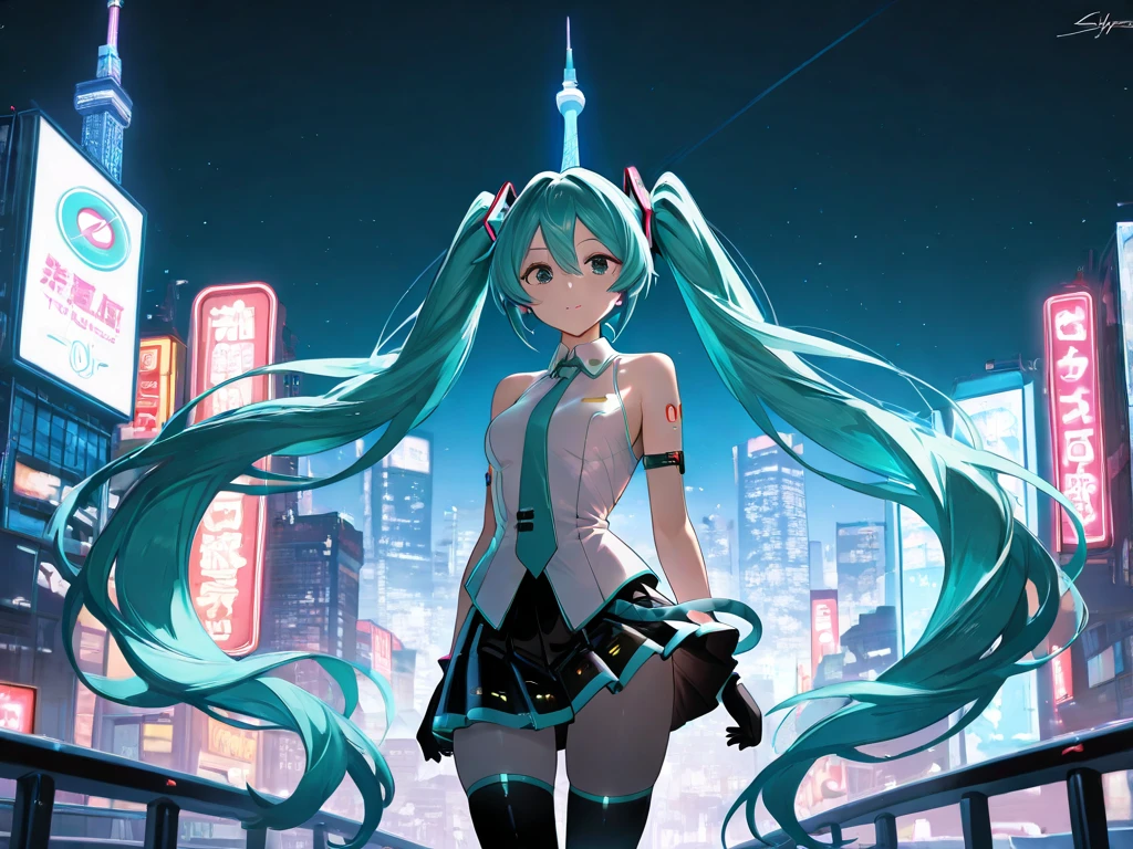 Big breasts Hatsune Miku, Super large breasts, solo, apathy, No emotion, leg loops, Large scale, Disheveled clothes, Detailed Tokyo Streetscape, dynamic angle,