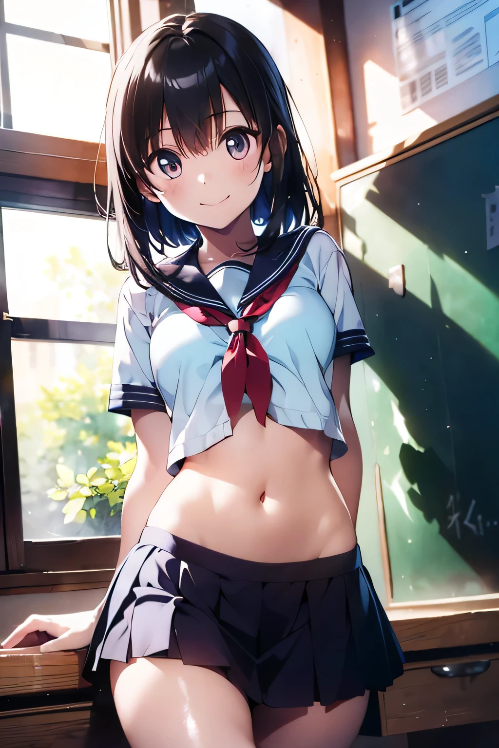 (extremely high quality artwork), (extremely detailed CG 8k), (masterpiece) ,(extremely cute girl), short, (innocent face), ((innocent smile)), shiny hair, (slim body), (small breasts), ((finely detailed beautiful eyes)), (eyes with brightness), look at viewer, arched back, ((nsfw)), ((school uniform)), (white sailor suit), ((navel-baring)), black mini skirt, skirt lift, sagging down skirt, no panties, beautiful skin, pale skin, shiny skin, (bright color), vibrant colors, natural light, (glare),