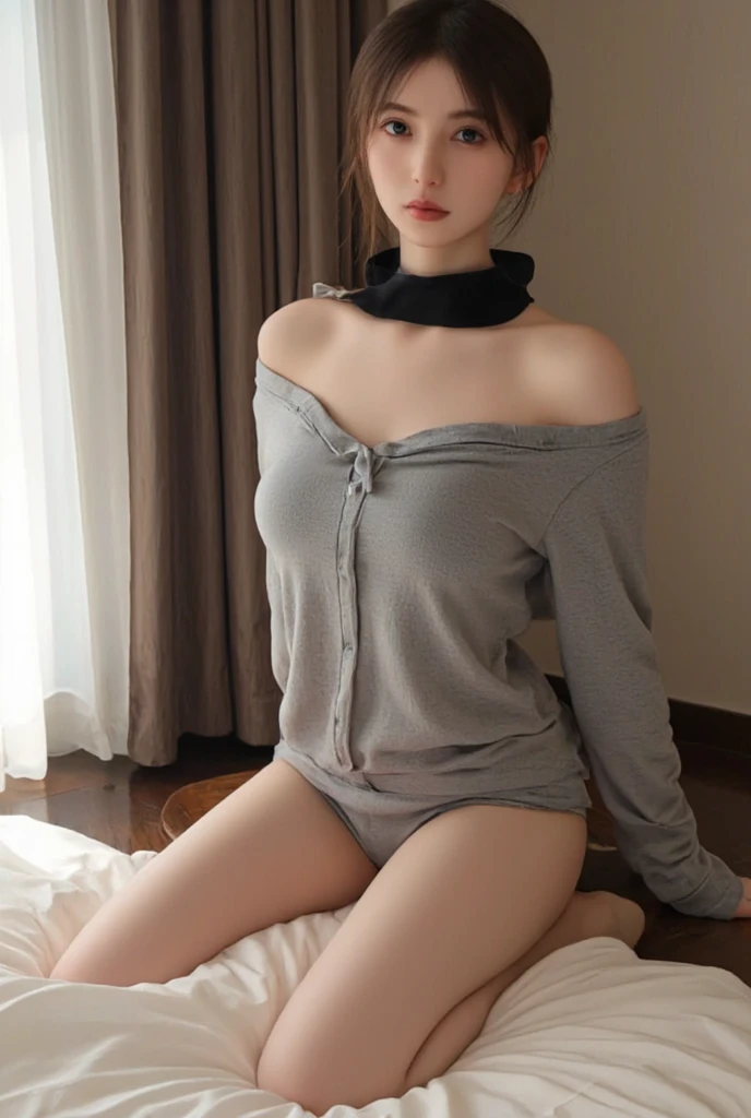 Graceful young Japanese woman wearing Blouse and cardigan of Japanese ,nogizaka46,fat, body positive, 36B, high resolution. The attire subtly accentuates a full figure akin to Jennifer Lopez or Kate Upton,showcasing confidence and charm. Minimal yet tasteful skin exposure, highlighting poise and allure --s 750 --v 6.0, sitting on a modern living room sofa, wearing a gray turtleneck top, gray leggy socks --s 750 --v 6.0