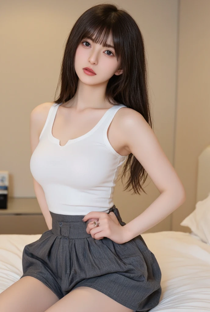 1 girl, white shirt, gray pleated skirt, short shoulder-length black hair, long split bangs in half, cute smile, taking selfie, half body, big chest, big breasts, tight clothes, sitting on a school chair, smiling softly