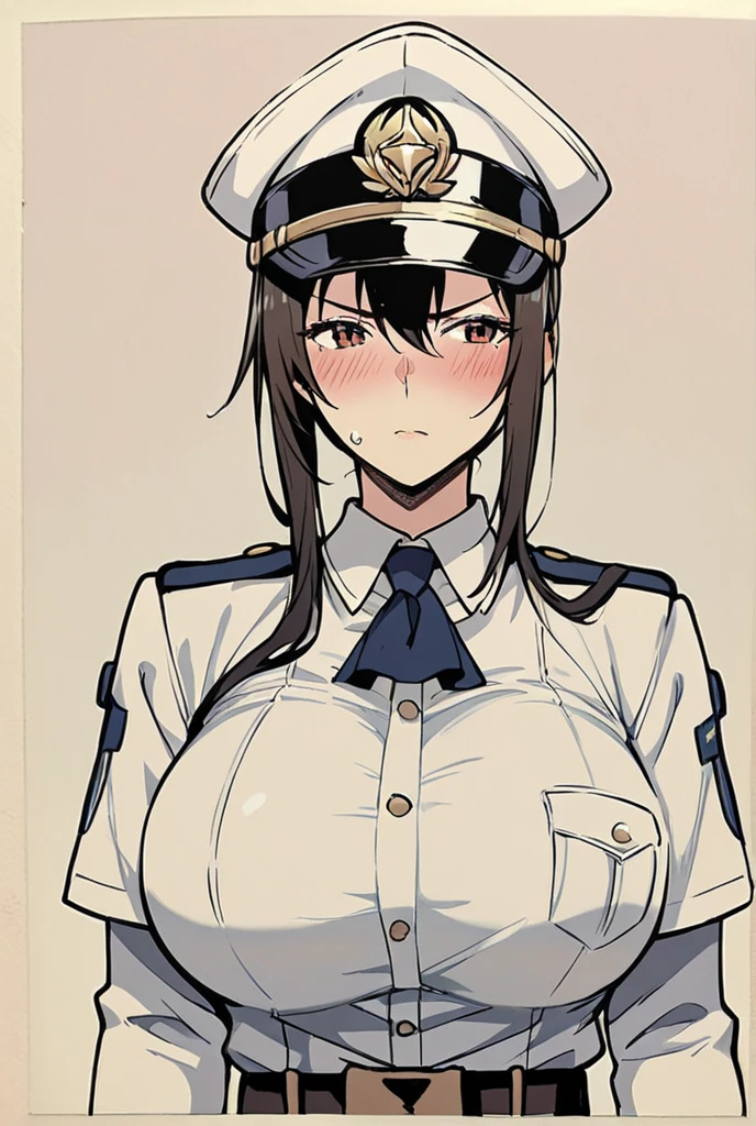 A girl with long black hair wearing a navy uniform tall Slightly larger breasts With bangs Foot thin