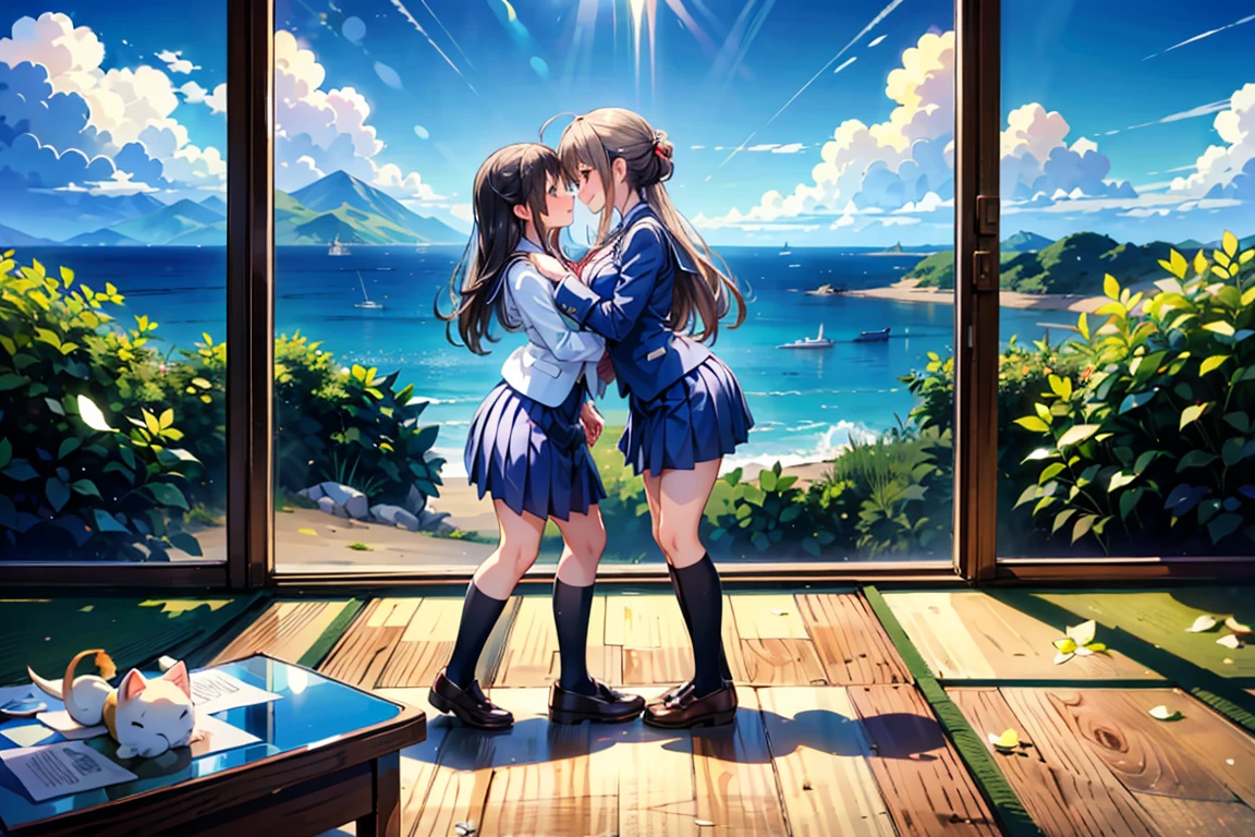 two middle school girl, sea view, sunset, tiny