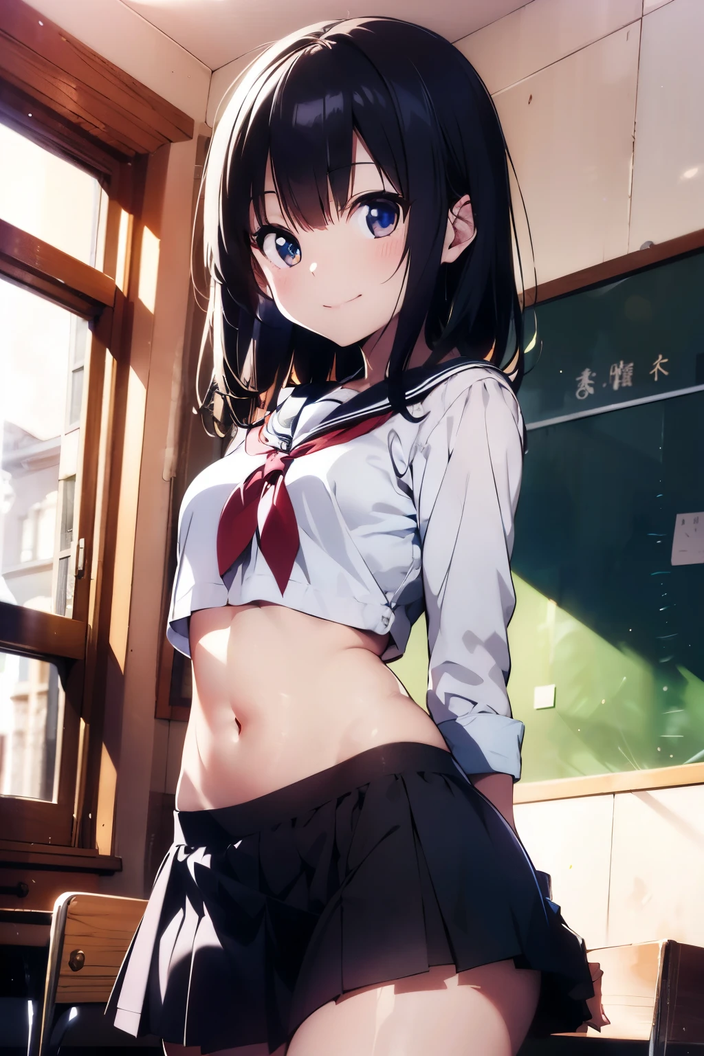 (extremely high quality artwork), (extremely detailed CG 8k), (masterpiece) ,(extremely cute girl), short, (innocent face), ((innocent smile)), shiny hair, (slim body), (small breasts), ((finely detailed beautiful eyes)), (eyes with brightness), look at viewer, arched back, ((nsfw)), ((school uniform)), (white sailor suit), ((navel-baring)), black mini skirt, skirt lift, sagging down skirt, no panties, beautiful skin, pale skin, shiny skin, (bright color), vibrant colors, natural light, (glare),