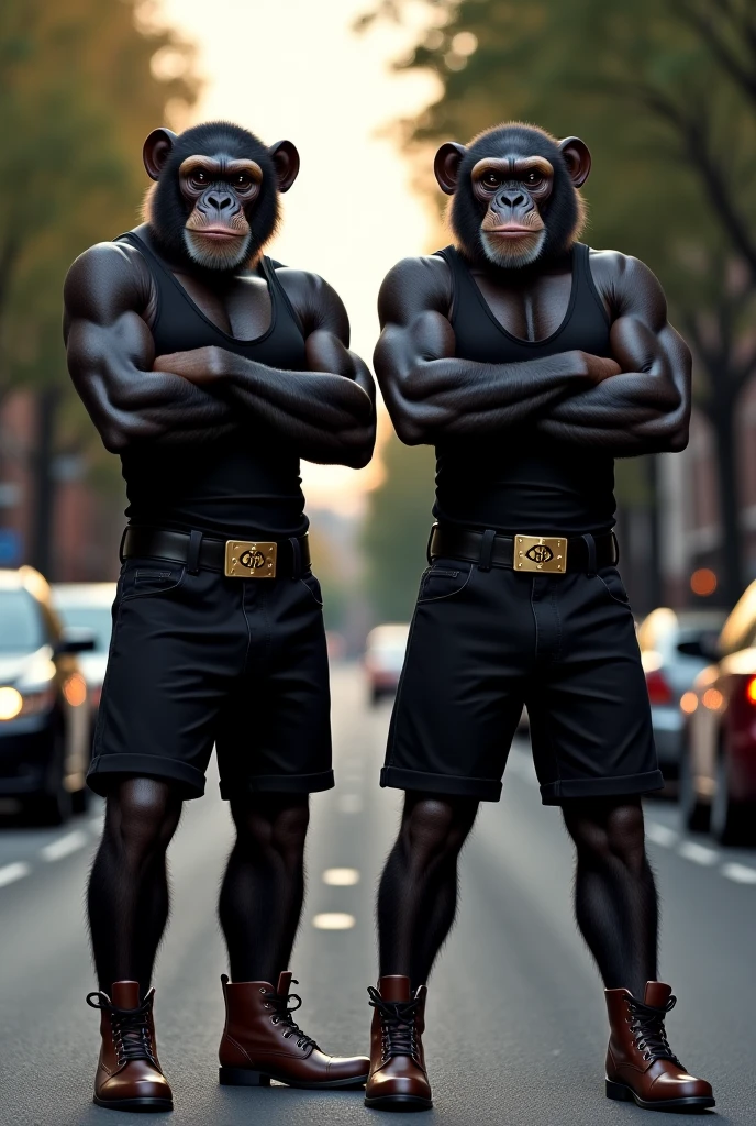 (Gorillas, punk gorillas, full body, muscular, idling in a menacing pose, realistic, trending on ArtStation, intricate, high detail, dramatic, expressive, masculine, night, urban jungle, graffiti, brown fur, detailed eyes, goofy grins, cartoonish, funny)

By ArtApeX, by SkullBones3000, by GorillazMaster:
A group of mischievous gorillas, known as the Gorilas Pandilleros, show off their muscular bodies in a full display of idling in a punk pose. Their fur is a mix of browns and grays,