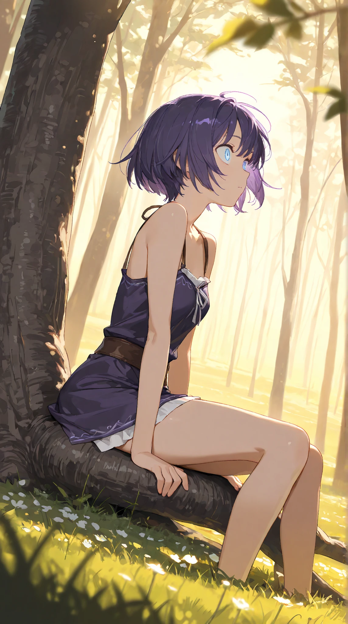 shiori novella, two-tone hair, multicolored hair, split-color hair, medium hair, sweating, choker, 1girl, sitting,  dress,  white_dress, solo, outdoors, grass, tree, white_legwear, breasts, shoes, short_sleeves, looking_at_viewer, loafers, day, brown_footwear, on_grass, pantyhose, collarbone, nature, medium_breasts, full_body, glow effects, godrays, Hand drawn, render, 8k, octane render, cinema 4d, blender, dark, atmospheric 4k ultra detailed, cinematic, Sharp focus, big depth of field, Masterpiece, colors, 3d octane render, 4k, concept art, trending on artstation, hyperrealistic, Vivid colors, extremely detailed CG unity 8k wallpaper, trending on CGSociety, Intricate, High Detail, dramatic"", shaded face, yellow eyes, slit pupils, hollow eyes, smirk, upper teeth, sweating, steaming face, looking at viewer, 