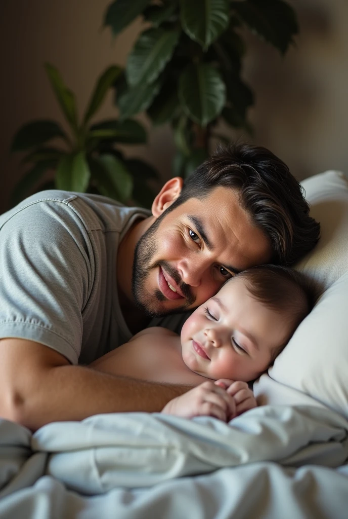 men 40 years old brown hair beside a bed with a little boy in it