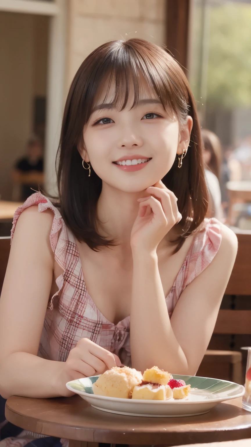 pose show me a woman who will surprise everyone.、 Eating a parfait at a cafe. 、( Antique cafe with a retro atmosphere. )、(Enjoy the perfect fruit parfait .、 fitted green plaid dress suit、Open your neck a little more 、semi-long hair、 Her hair is straight 、 very happy face 、Look directly in front of you with a bright smile 、 arm-crossed、The lips are a little pointed.、Bangs slightly messed up by the wind、face up shot、 Soft Backlight 、earrings、