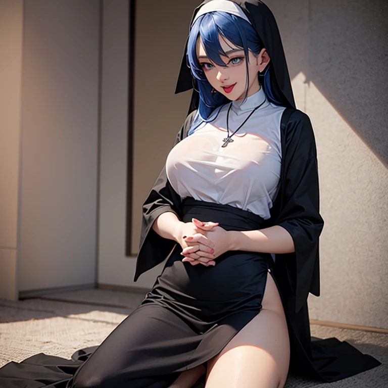 Huge breasts,full bodyesbian,nedium breasts, Colored inner hair, Gradient hair,lewd nun,nakeness,Black silk legs open,Anime style。