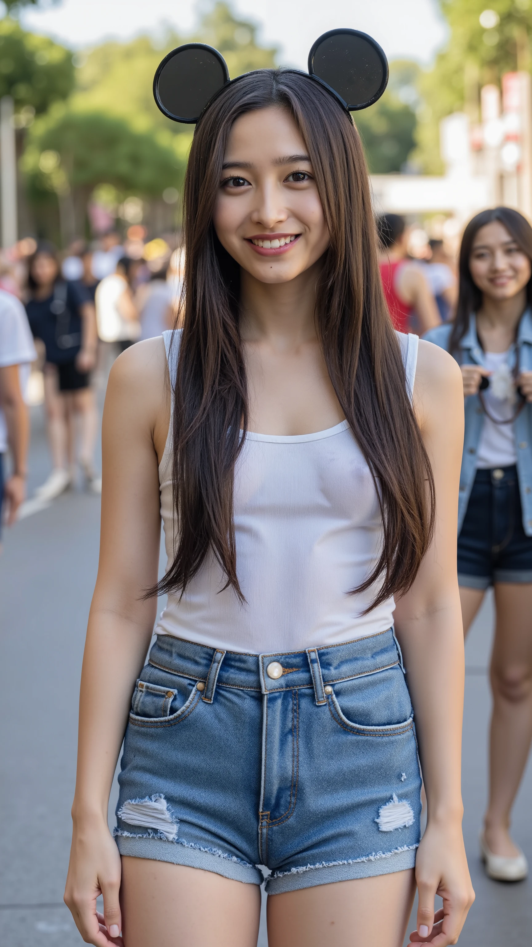 The high resolution photograph of a Japanese young female idol, intricate details, extremely detailed, sharp focus, solo, 1girl, smile straight long black glossy hair, forehead, pale skin, detailed face, detailed eyes, sophisticated nose, small breasts, (soaked sleeveless thin strap tight-fitting shirt, denim short-shorts, zettai-ryouiki, thighhighs, heel-sandals, black mickey mouse's ears hairband:1.2), outdoors, standing on the busy street in Disneyland at dusk, many crowds around her, (perfect hand, detailed hands, detailed fingers, perfect anatomy, anatomically correct proportion),