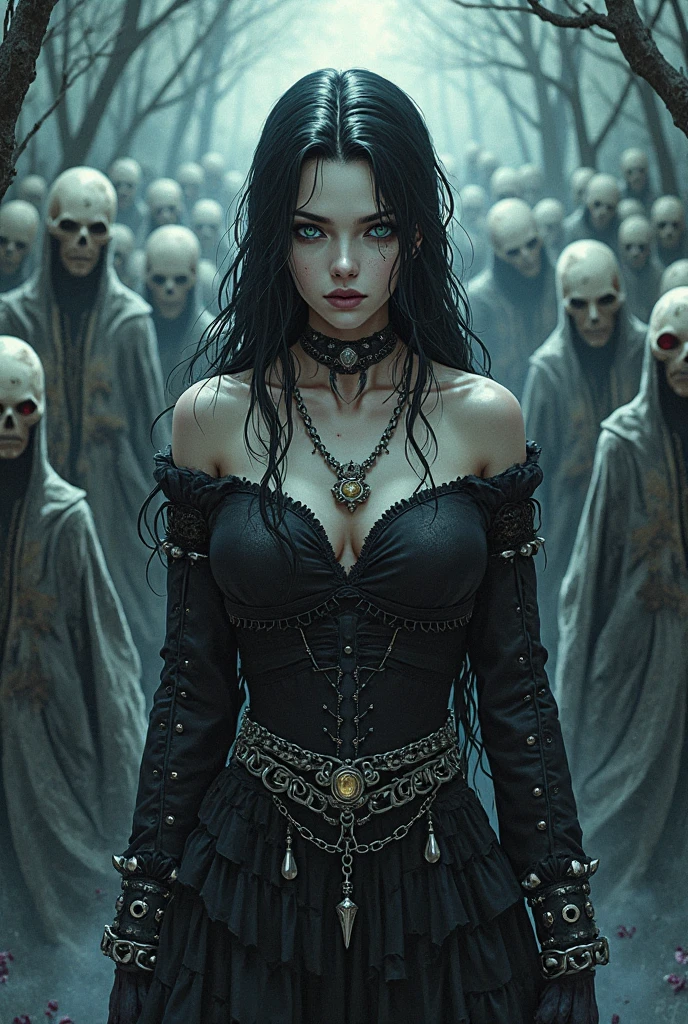 A sexy and fascinating dark lady, queen surrounded by her undead subjects, vampires and mutants in a gothic village