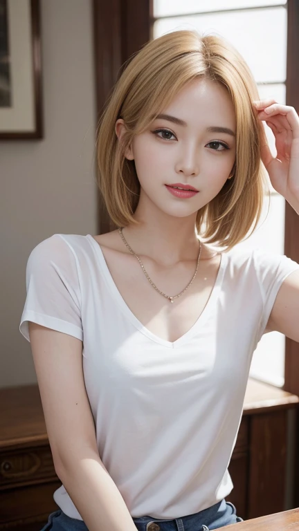 Genuine, masterpiece, Highest quality, Photo of a woman smiling happily, Beautiful and detailed, Long, narrow eyes, Iris, Thin eyebrows, Delicate eyelashes, Long eyelashes, False eyelashes, (Hidden eyelid wrinkles:1.3), (Blonde, short hair, middle part:1.3), Small teeth visible, Colorful see-through T-shirt
