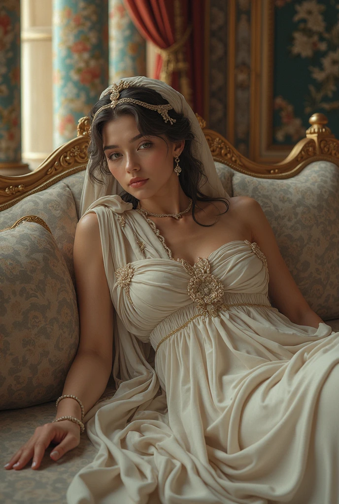 A young woman Goddess Athena with porcelain-like skin and a serene, contemplative expression, evoking the style of classical portrait paintings. She is adorned with an elaborate headdress made of fabric, possibly silk, with rich patterns and textures. Multiple strands of pearls around her neck enhance her noble or aristocratic portrayal. The intricacy of the attire is complemented by soft lighting.