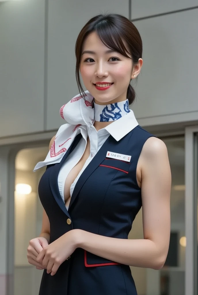 Highest quality,Ultra HD,(((whole body,with legs)))、(((Japanese flight attendant uniform 1.6))), (((Red striped tie, Tight Skirt,best-dressed uniform、Tekast, white formal short gloves,(黒のHigh heels), ((holding a mini microphone)),Japan CA,A small smile,白いTight blouse)))、((navy bowler hat 1.4)), White gloves, High heels、(Realistic:1.4)、(Surreal:1.4)、(Realistic:1.3)、 (Gentle lighting: 1.05)、32K、 One Woman、35-year-old woman、Realistic Lighting、Backlight、Facial Light、Ray Tracing、(bright:1.2)、(Improvement of quality:1.4)、 (Highest qualityのリアルテクスチャスキン)、Beautiful Eyes,delicate and elegant features, White blouse,Tight blouse,tight best-dressed uniform, (Show your body line beautifully:1.1),((Glowing Skin 1.4))、((Short bob with purple hair 1.5)),Korean Idol、Idol Pose、A small smile,blush,Beautiful actress、A proper woman,whole body, (((Small breasts))),(Perfect teeth alignment),narrow waist and hips,Beautiful feet,Full Shot)、(((charm、Embarrassing))),(eye shadow),((Red cheeks、Red lips)),Very beautiful night view、At night,A small smile,(((Full Shot)))、(((airport terminal background 1.5))),