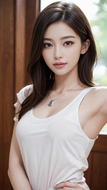 (ultra real), (illustration), (high resolution), (8K), (รายVery detailed), (Best illustration), (Beautifully detailed eyes), (best quality), (Very detailed), (Masterpiece), (Wallpaper), (detailed face), My eyes fell., Sweating, upper body up, armpit, My hair is messy and windy., interior color, alone, Cellophane girl in white tank top, Japanese women, big , (camel toe)