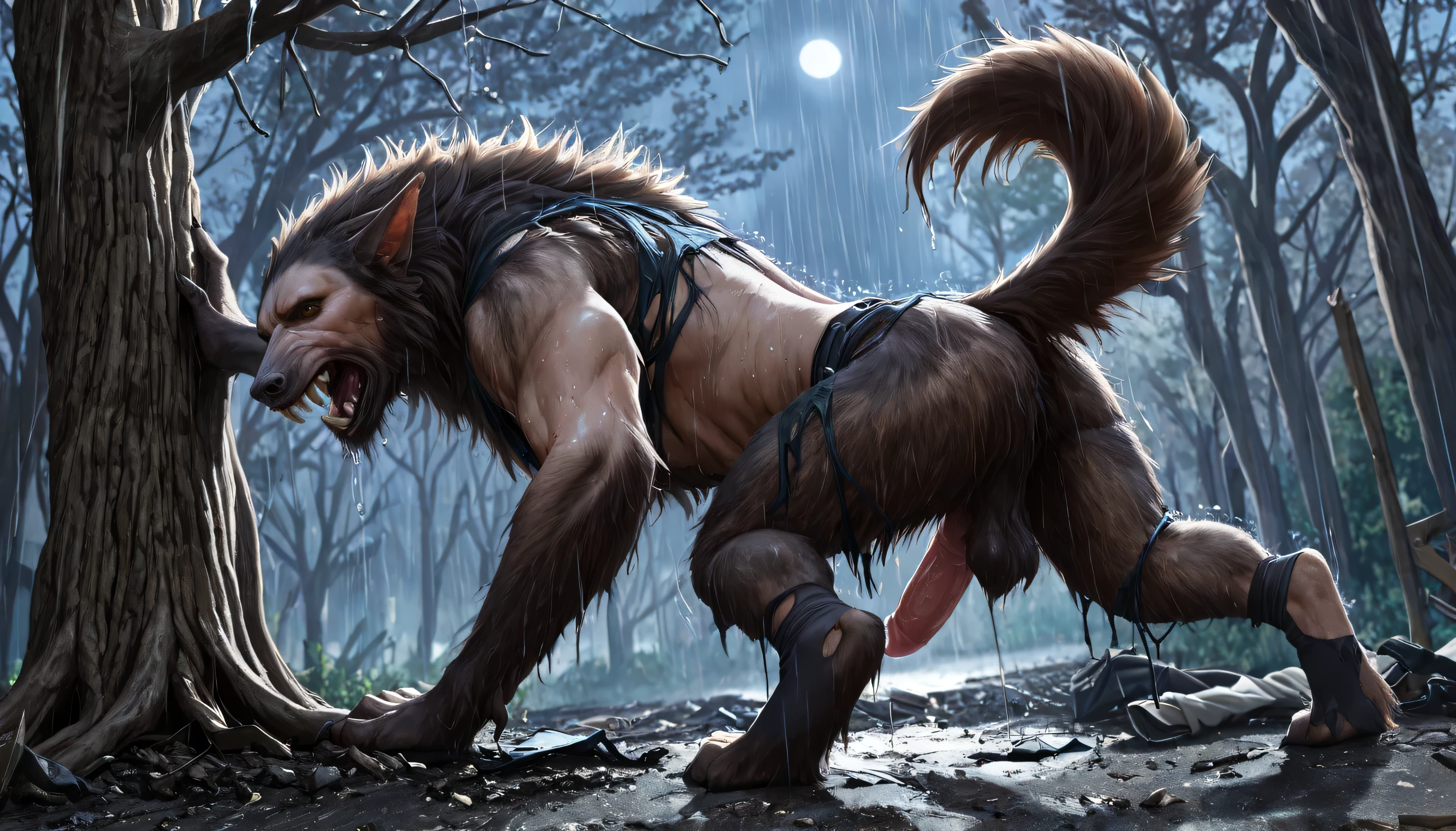 Lean on tree, low angle, view from ground, Backside, shot from back:1.2, howling: 1.3, human skin:1.4, wet, veins, virus:1.3, human:0.8, Werewolf transformation, mid morfing, [werewolf: human:0.7], [arms: paws:0.6], [grey human skin: fur: 0.4], dark grey skin, detailed fur, gradual fur, spread, shaking:1.1, crying, sweating, in pain, scared:0.8, shaking:1.3, confused:0.8, torn clothes:1.2, thick fingers:1.1, torn socks:1.1, nsfw:1.3, dick, ((darkness:1.3, dramatic moonlight, deep night, night)), abandoned yard, forest:0.8, rain:1.1 fire, cracks, scraps around, clothes scraps,((Ultra-detailed, Realistic, realistic, ultra-realistic:1.37), 4k, 8k, RAW, HDR, UHD, Canon EOS P3, Canon EOS R3, 85mm f/1.4, 15mm, 35mm, 80mm, f2.8, high resolution, hd, full colour, 4k, high definition, 3 point lighting, sharp focus, smooth, Professional, cinematic, extreme detail, (high detail:1.4) description, masterpiece, deep shades:1.2, best quality,))