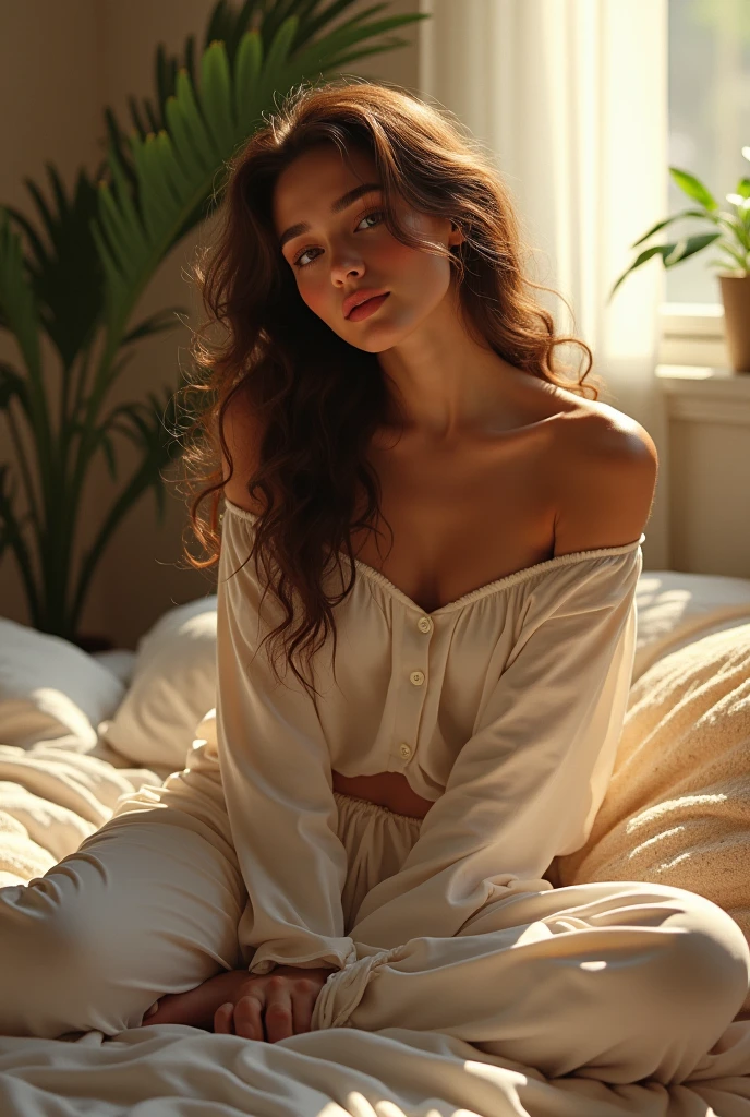 (photorealism:1.2), beautiful woman, sitting on bed, wearing loose off-shoulder top, pajama pants, long curly hair, indoors, soft lighting, plants in background, window with sunlight, cozy room, relaxed pose, realistic, intricate details, warm colors, by Greg Rutkowski, by Alphonse Mucha