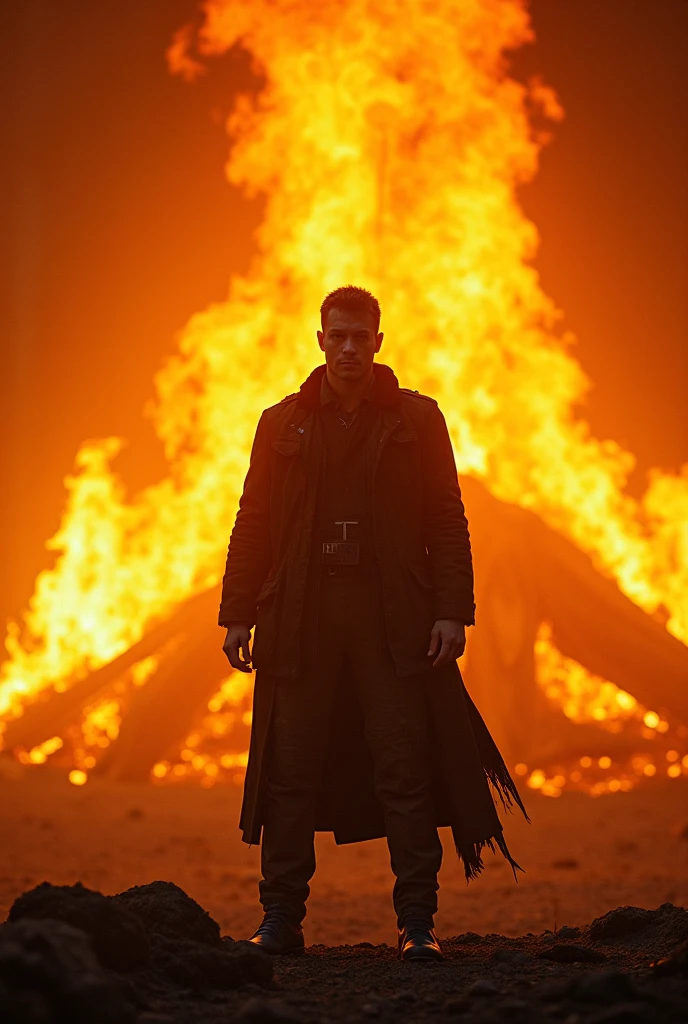 cine still action portrait, a stylish man walking away from a blast, fire and dust, photorealistic, ultra realistic, shot on Canon EOS R5, 45-70mm, F /2.8, depth of field, bokeh-style, balanced color schemes, dramatic composition,looking at the camera