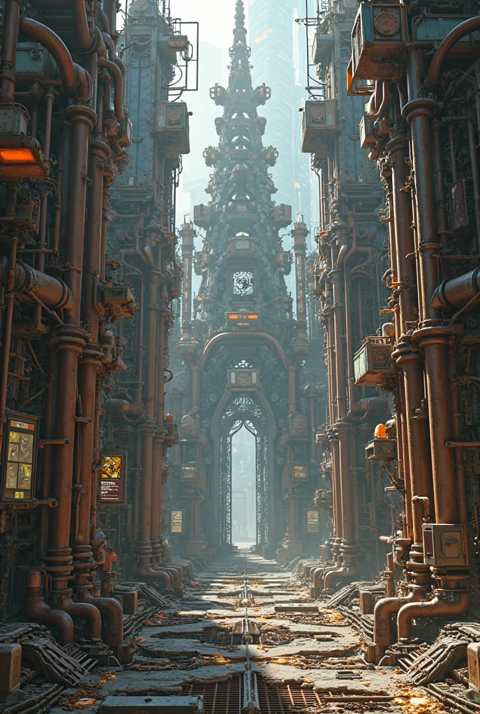 A cathedral made of rusty pipes, technical waste, wire floor, cyberpunk setting, super detailed, UltraHD