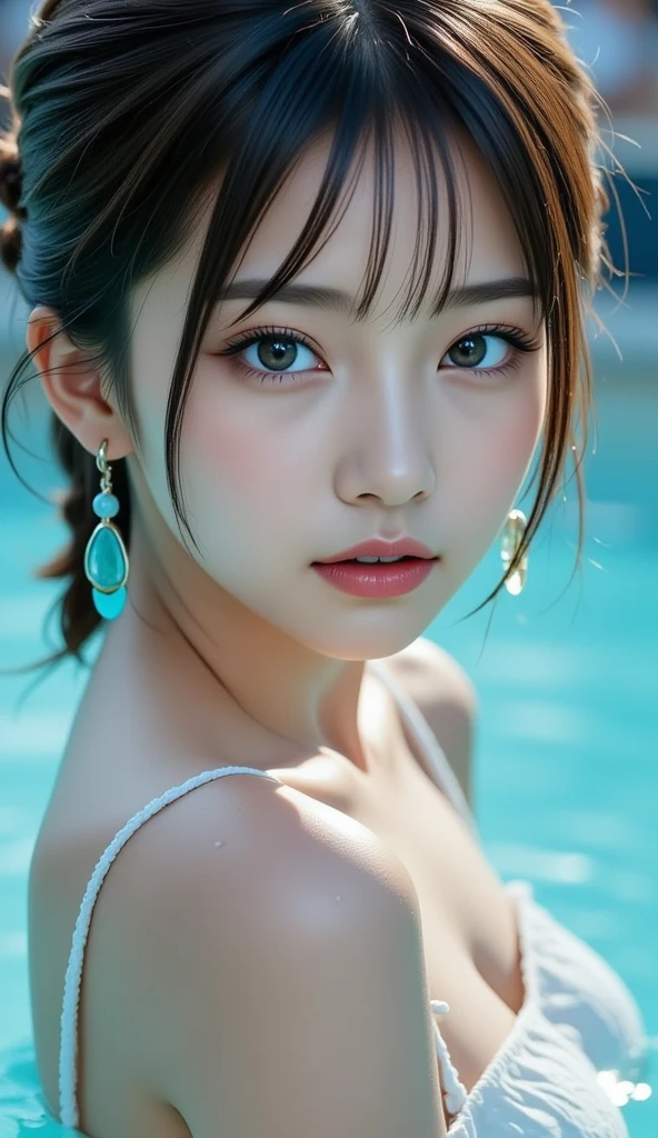 (1woman), kawaii, (round eyes:1.2), (highly detailed face and eyes), Amazing face and eyes, bikini, (Best Quality:1.4), (Ultra-detailed), (extremely detailed CG unified 8k wallpaper), Highly detailed, High-definition raw color photos, Professional Photography, Realistic portrait, summer, (pool), (fine face:1.2),