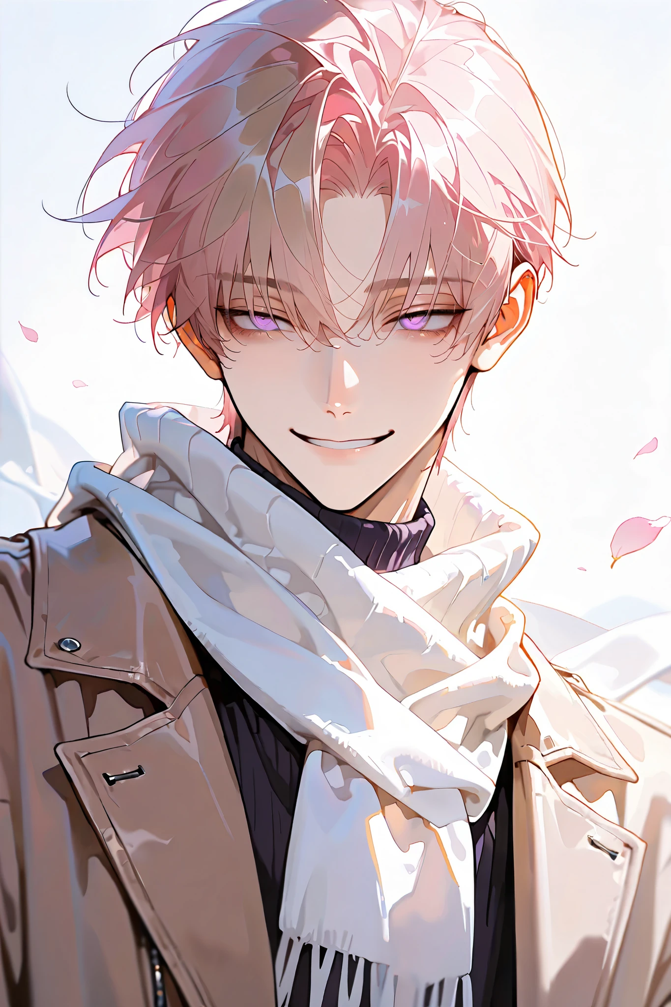 (masterpiece, high解析度, best quality), alone, 1 Boy , man, hapiness, Pink Short Hair , Bangs,purple eyes, [high, Light Brown Leather Jacket, sweater, White Scarf , Smiling Eyes, Smile, Half Body