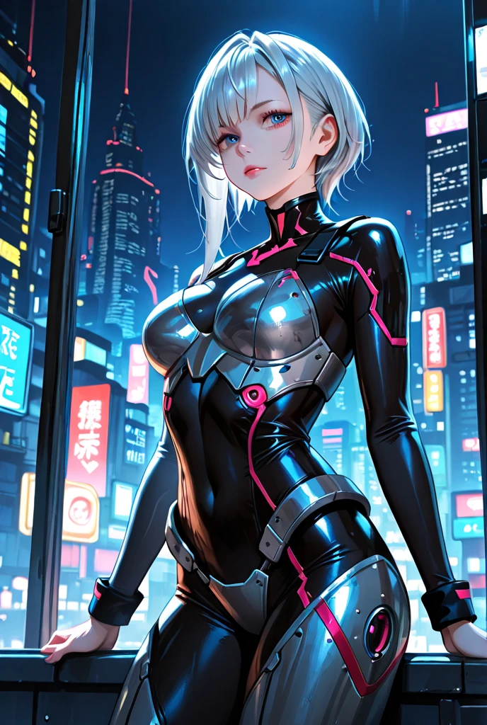 Silver Hair, bangs, Bobcut, Head-mounted display, Glowing Eyes, Textured skin, high quality, 最high quality, masterpiece, Sci-fi spies, Cyberpunk World, latex bodysuits, beautiful girl, Shiny bodysuit, Girl in the dark, 6k, cute, The facial details are particularly rich., Perfect lighting, Fits perfectly to the skin, latex, White jumpsuit, moonlight, Shades, goddess