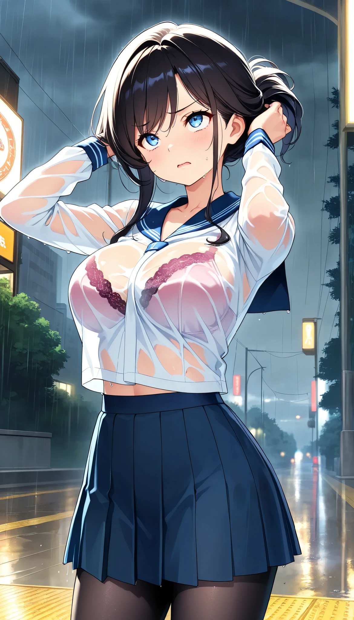 Anime girl in a short skirt and shirt standing in the rain - SeaArt AI