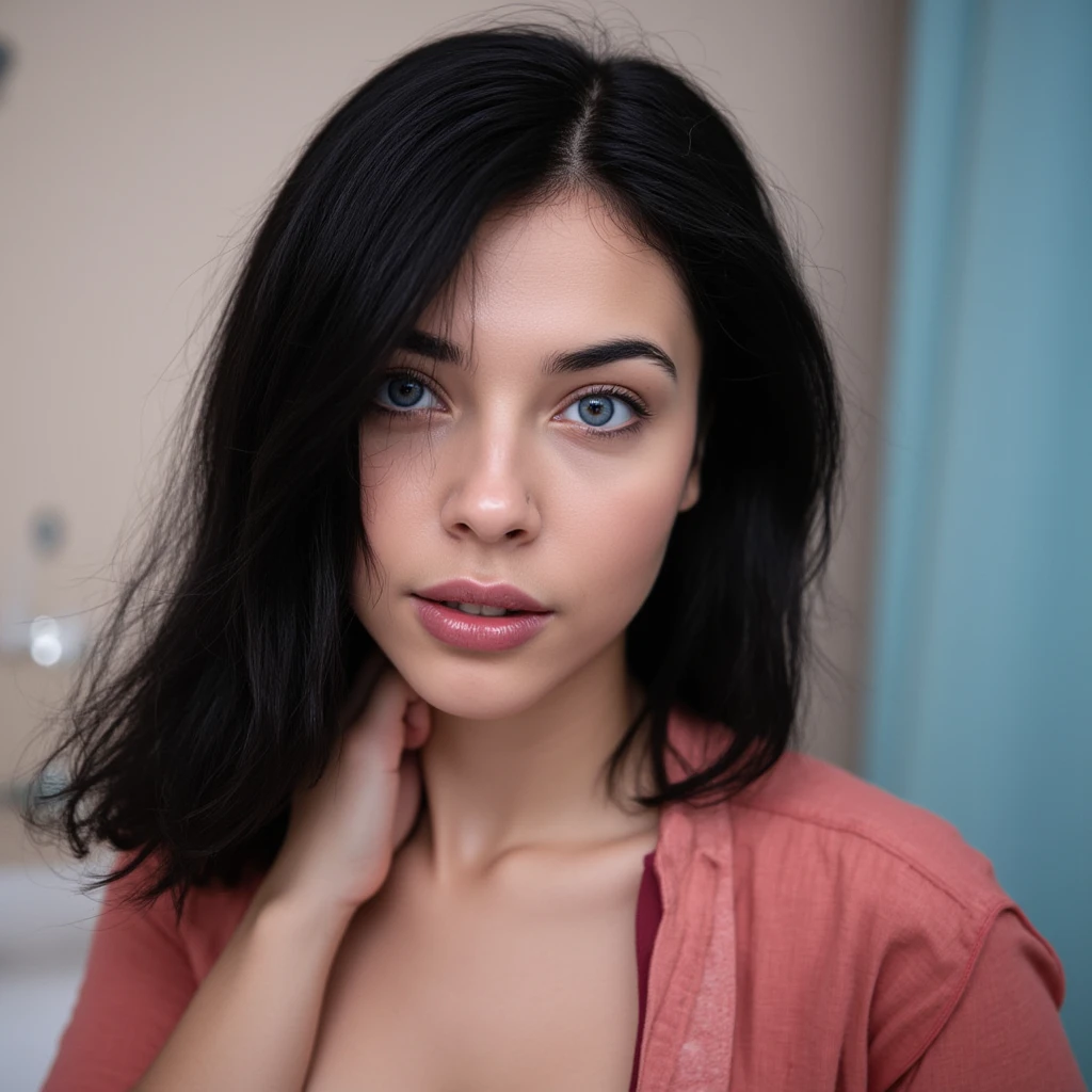 1 girl, Wavy blue hair, naked body, ((pubic hair)), good natural lighting, intricate details, hyper realistic, photorealistic, Full body, porcelain skin, beautiful detailed eyes, beautiful detailed lips, Smiling, extremely detailed face, long eyelashes, elegant pose, subtle smile, soft lighting, natural skin texture, depth of field, high quality, 8k, masterpiece